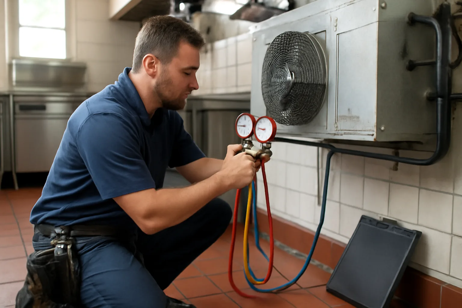 Technician servicing a walk-in cooler in Alabama