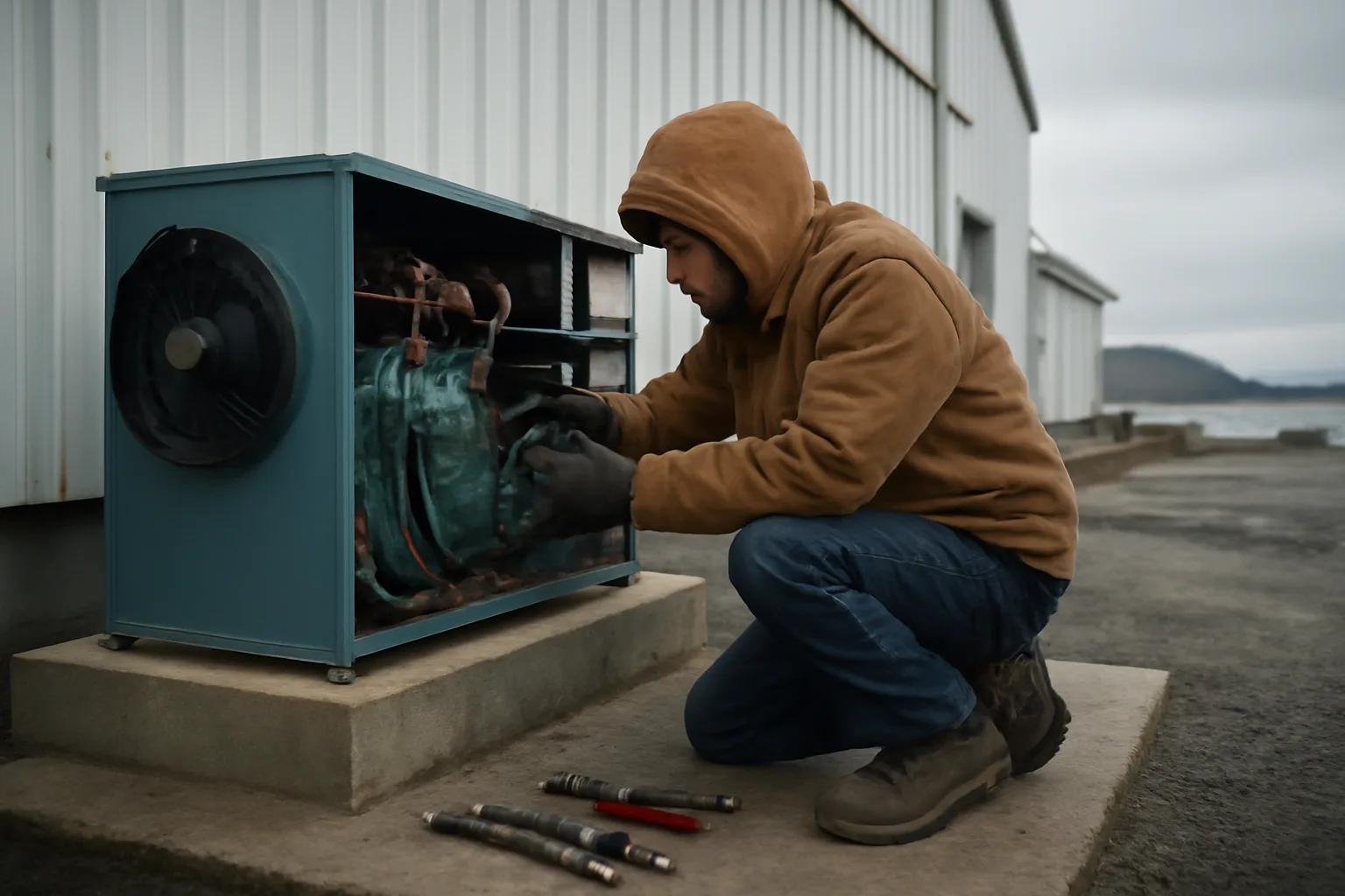 Technician servicing a walk-in cooler compressor in Alaska