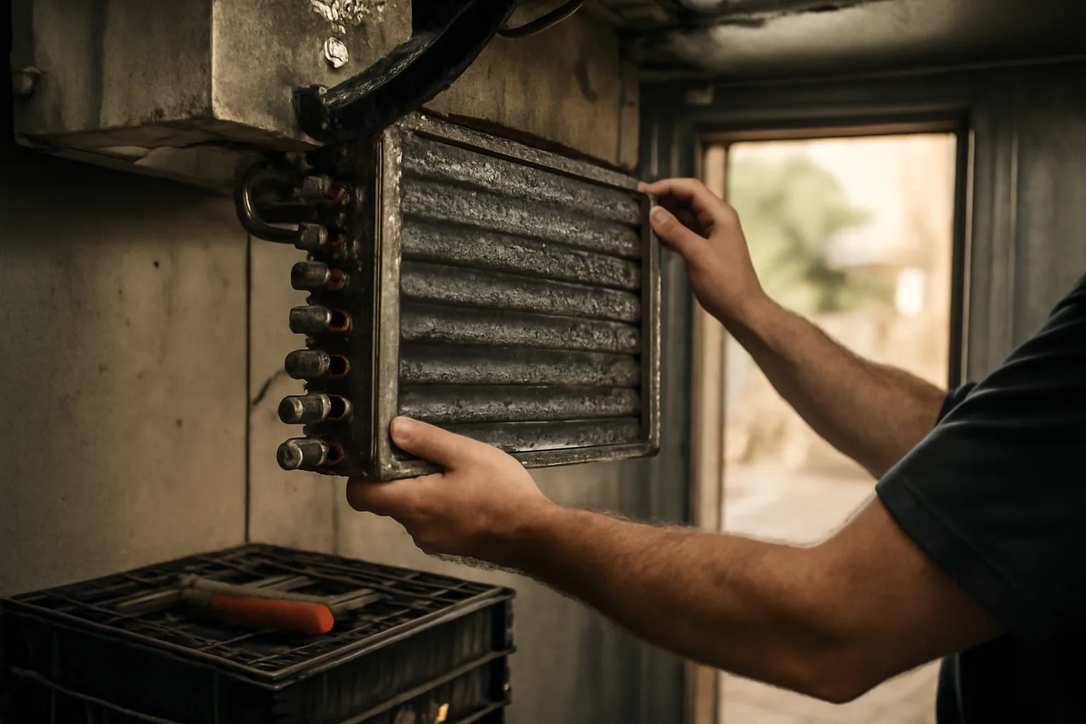 Walk-in cooler tech inspecting evaporator coils in an Alabama commercial kitchen