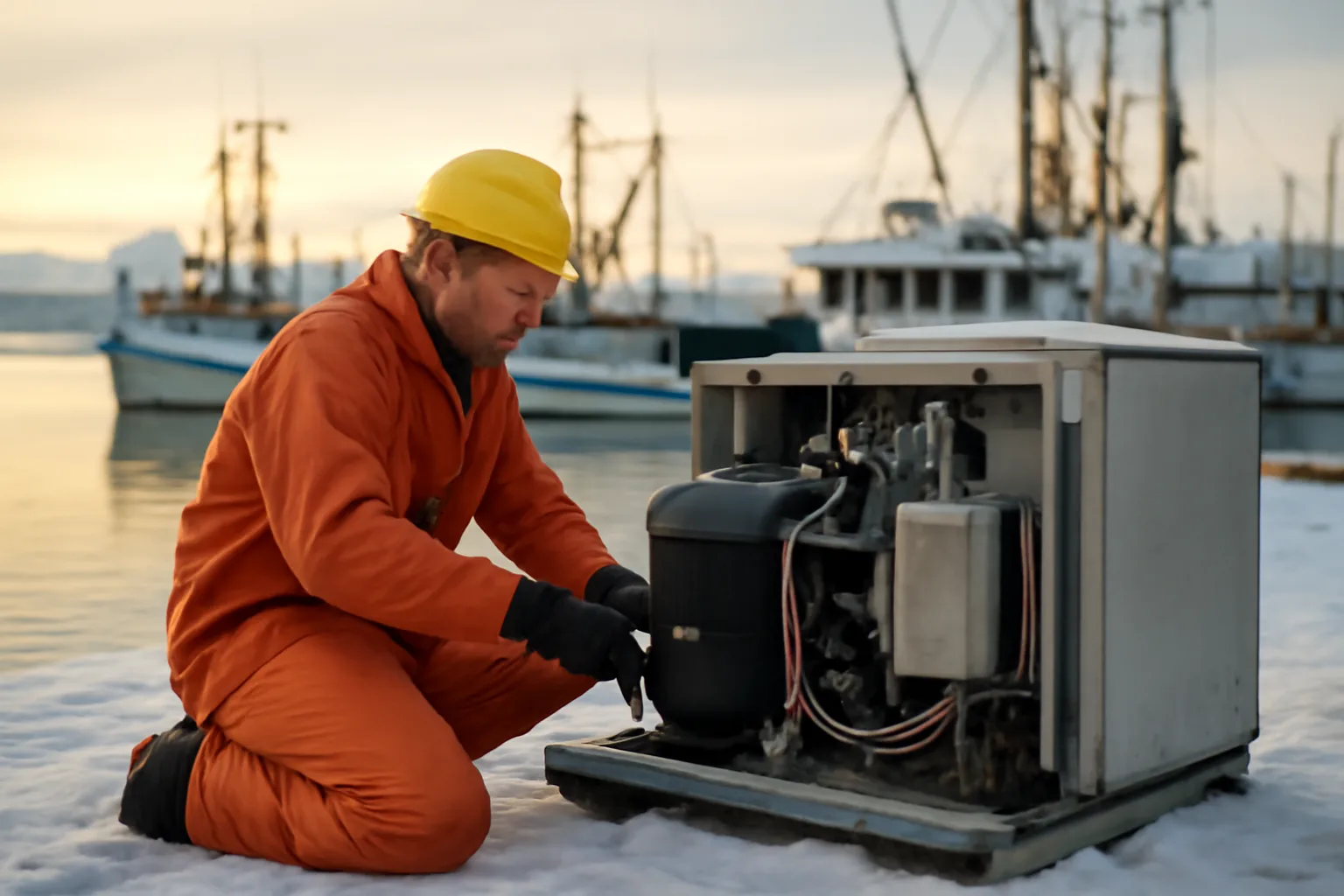 Technician working on walk-in cooler compressor on an Alaskan dock