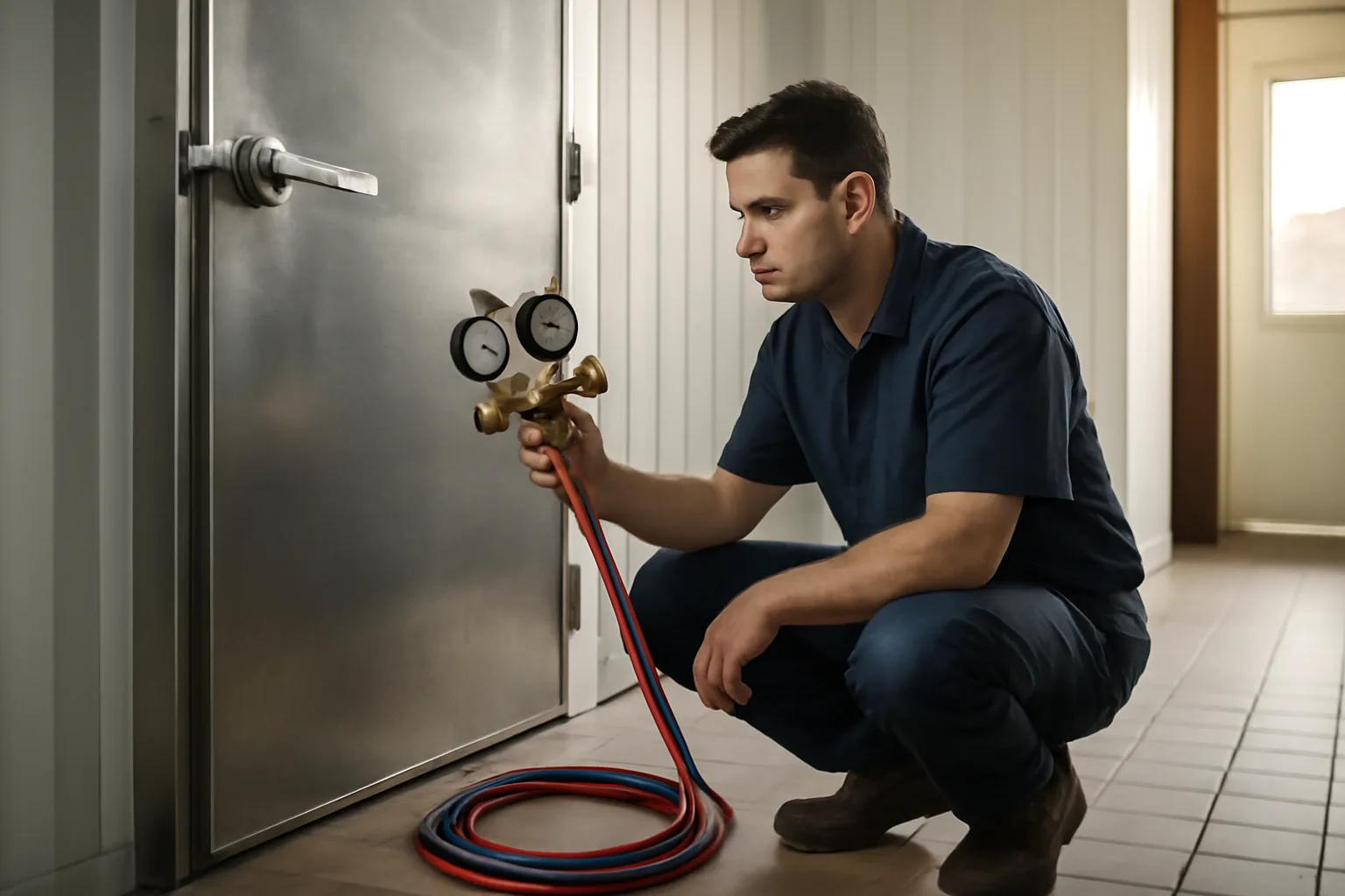 Technician kneeling by a stainless steel walk-in cooler with refrigerant gauges