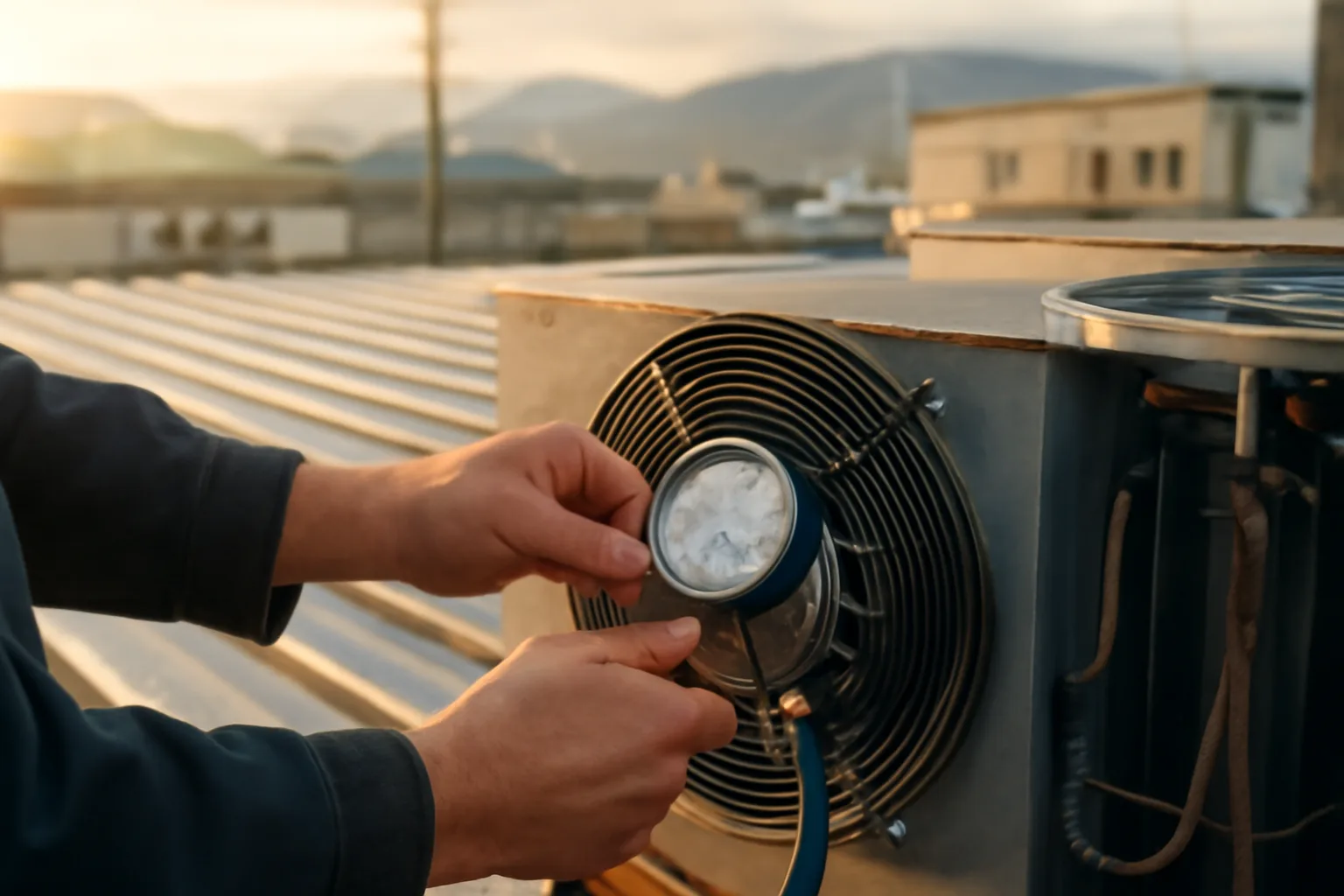 Technician working on a walk-in cooler condensing unit in Alaska