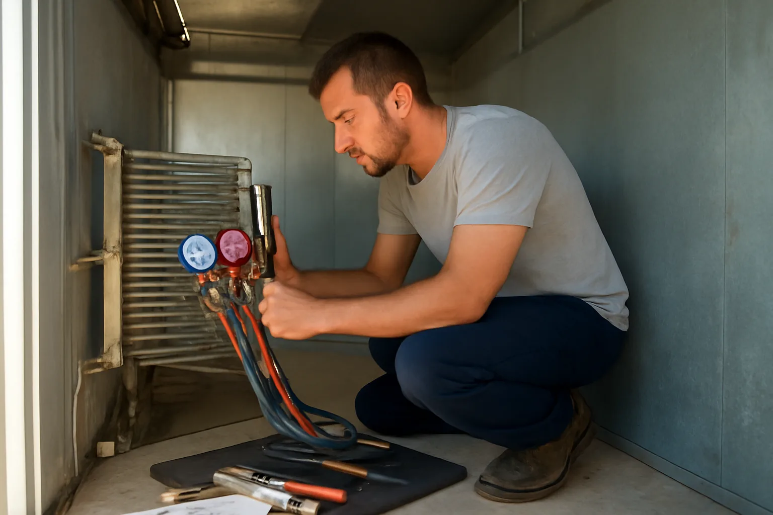 Walk-in cooler tech working inside a refrigerated unit in Arizona
