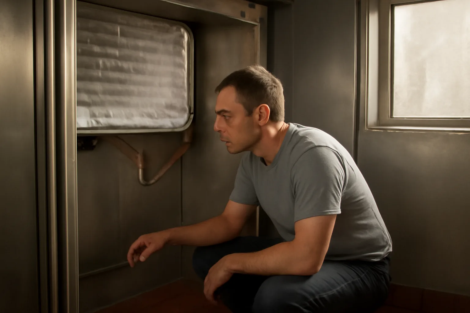 Technician inspecting a walk-in cooler evaporator coil in a restaurant kitchen