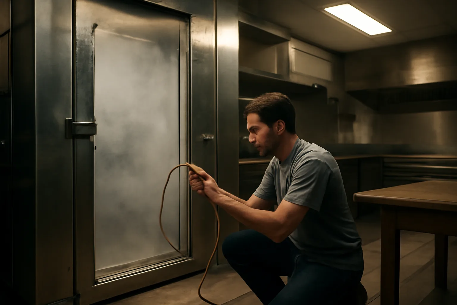 Technician kneeling by a walk-in cooler in a California kitchen