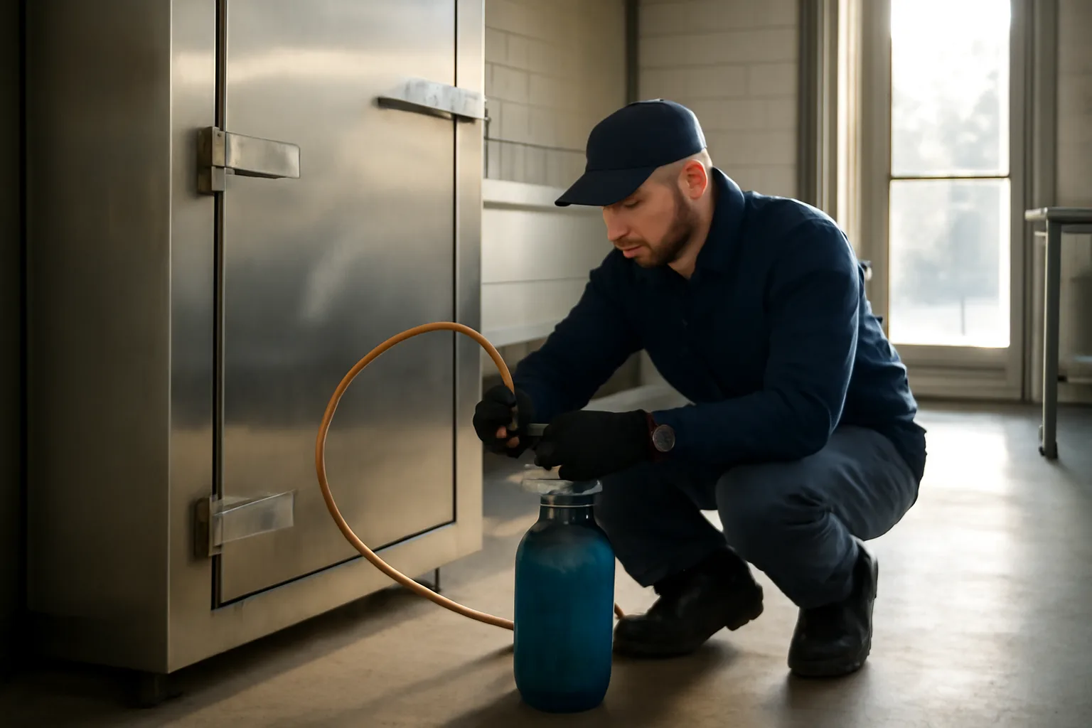 Technician servicing a walk-in cooler in a Colorado kitchen