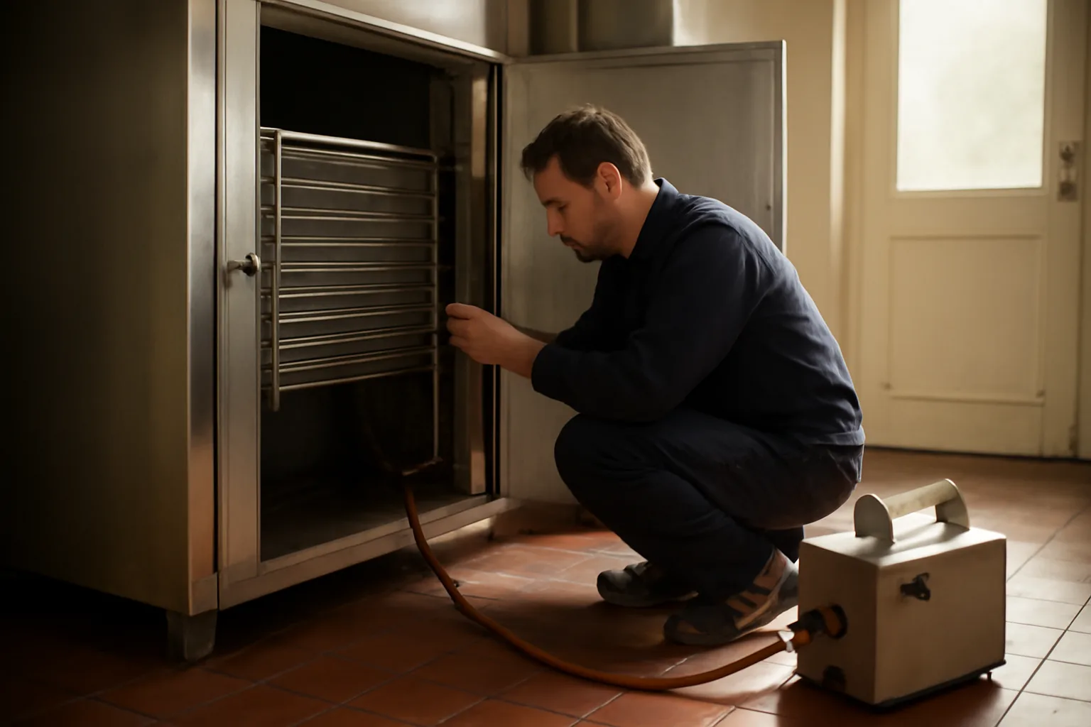 Technician checks a walk-in cooler evaporator in a Wilmington kitchen