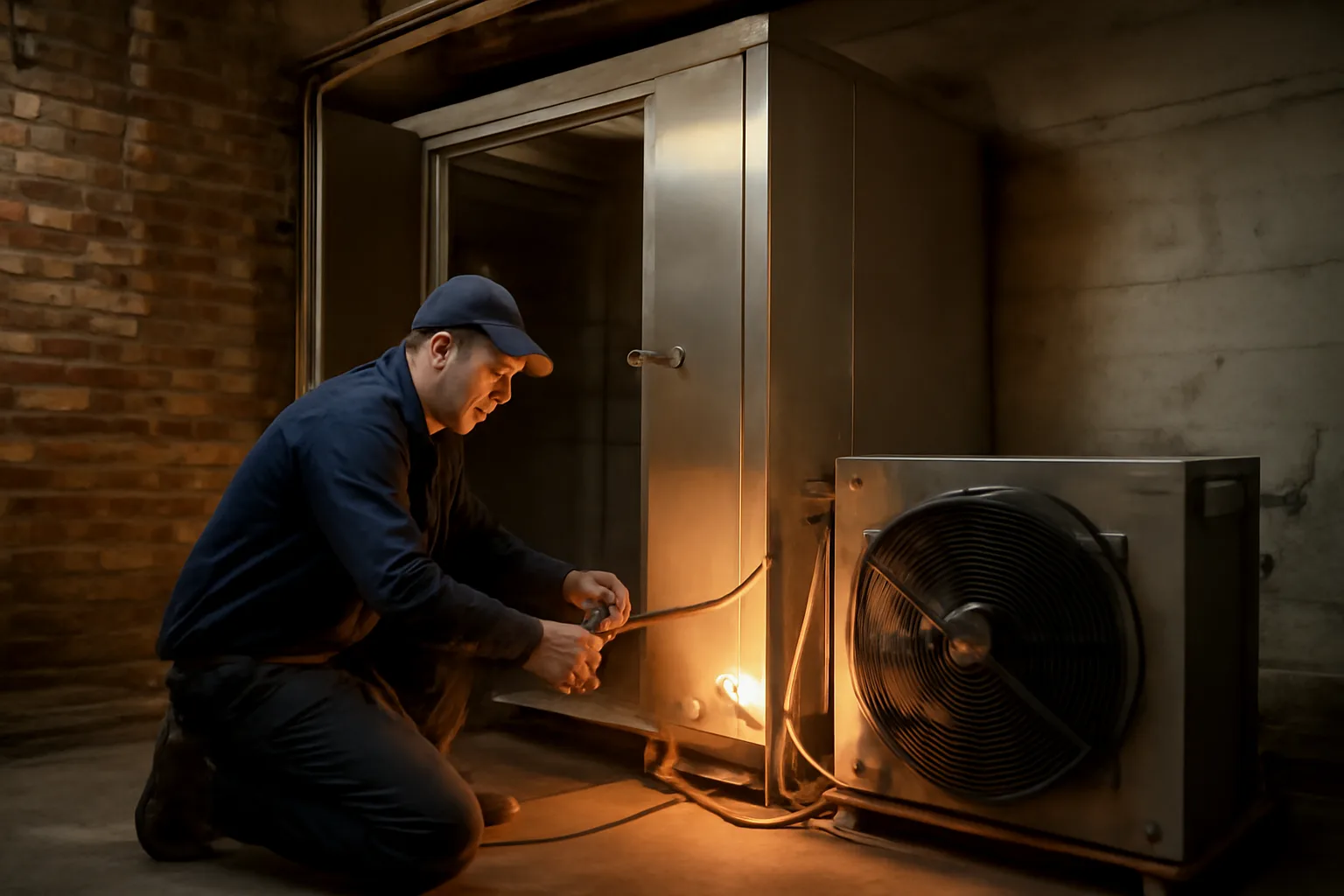 Technician servicing a restaurant walk-in cooler in an Indiana basement