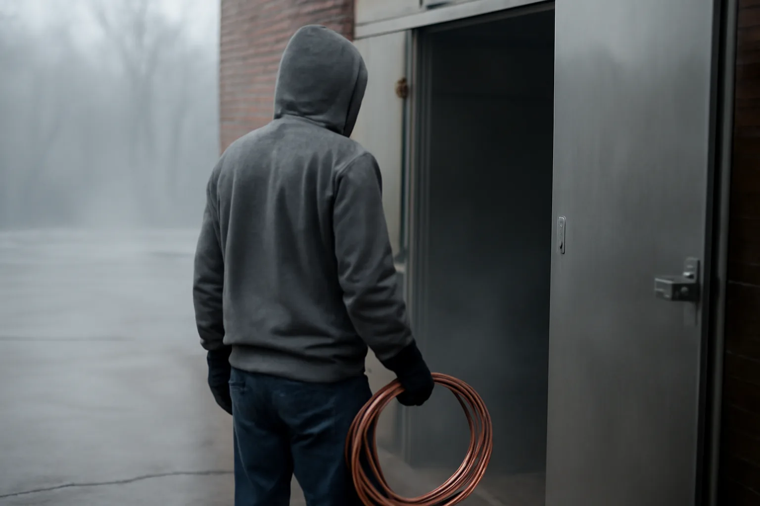 Technician at an open walk-in cooler on a gray Iowa morning