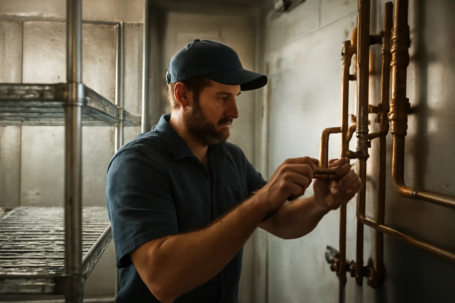 Walk-in cooler technician working on refrigerant lines inside a commercial cooler in Tennessee