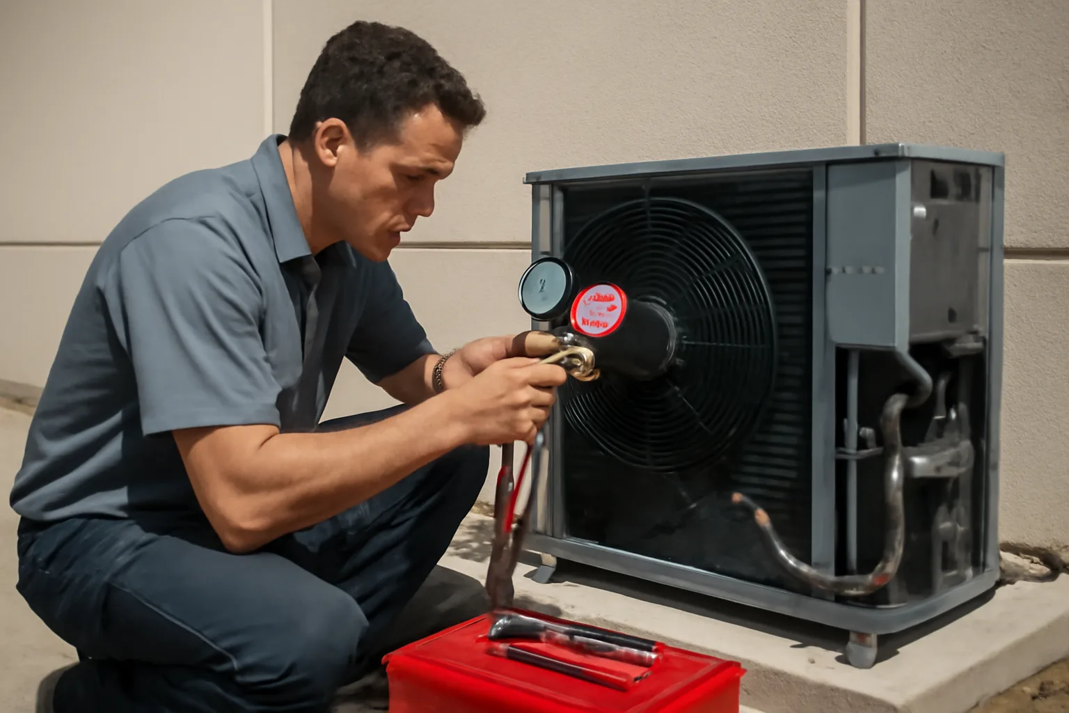 Refrigeration technician checking manifold gauges on a walk-in cooler condensing unit outdoors in Texas