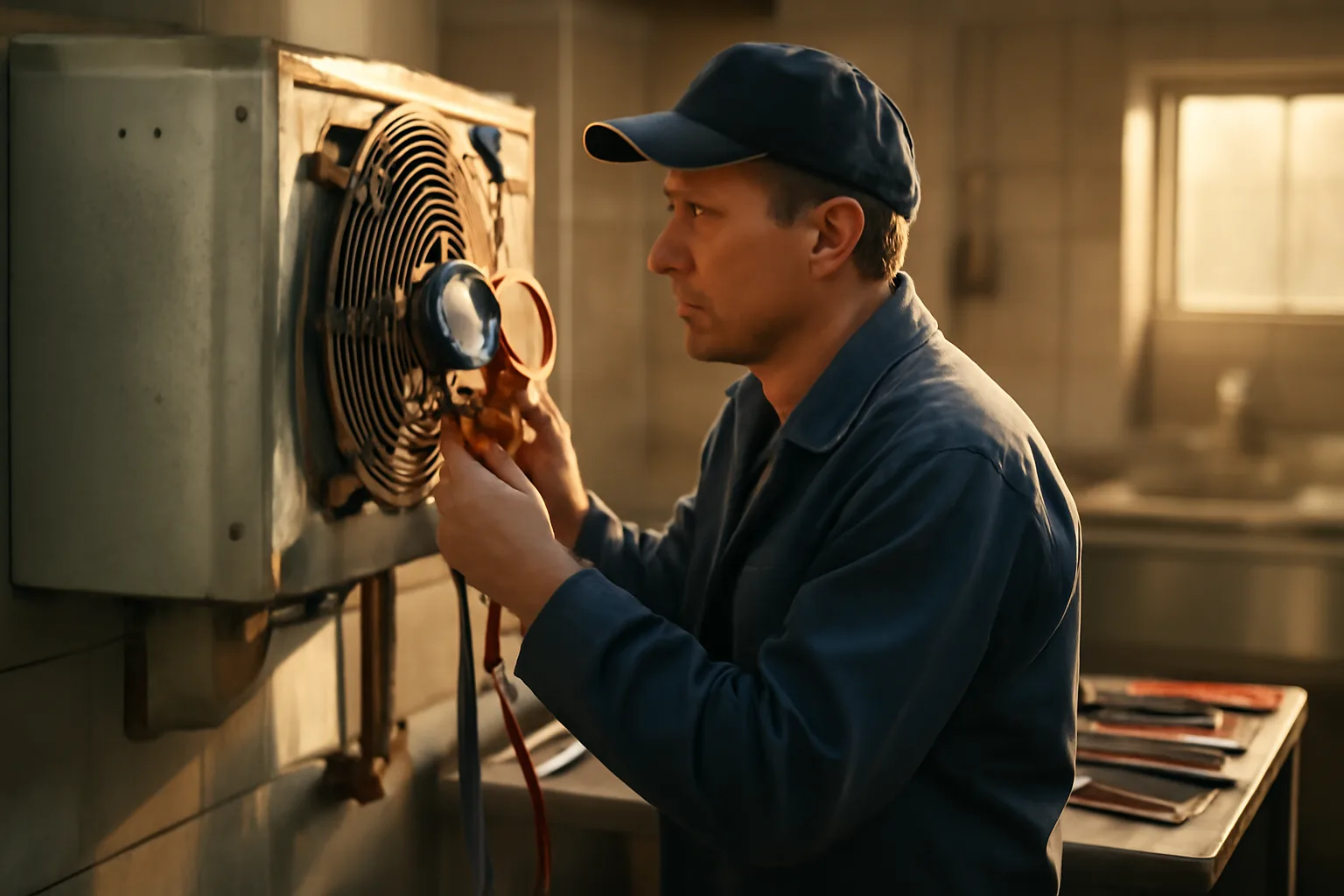 Refrigeration technician checking gauges on a commercial walk-in cooler condenser unit