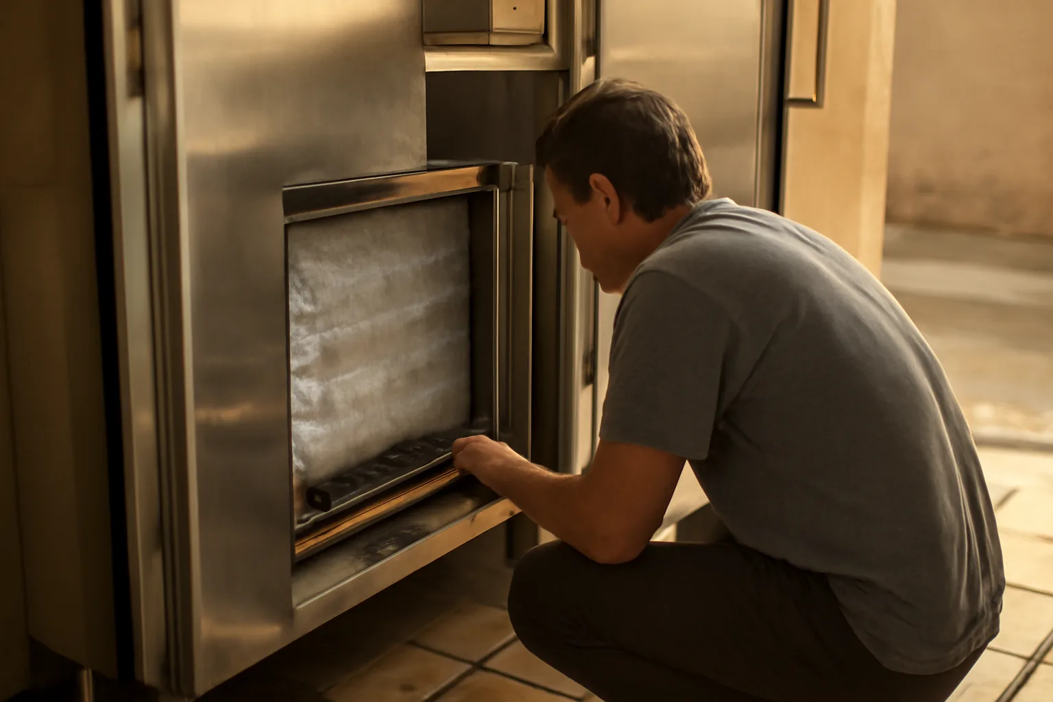 Worker checking a walk-in cooler coil in an Arizona kitchen