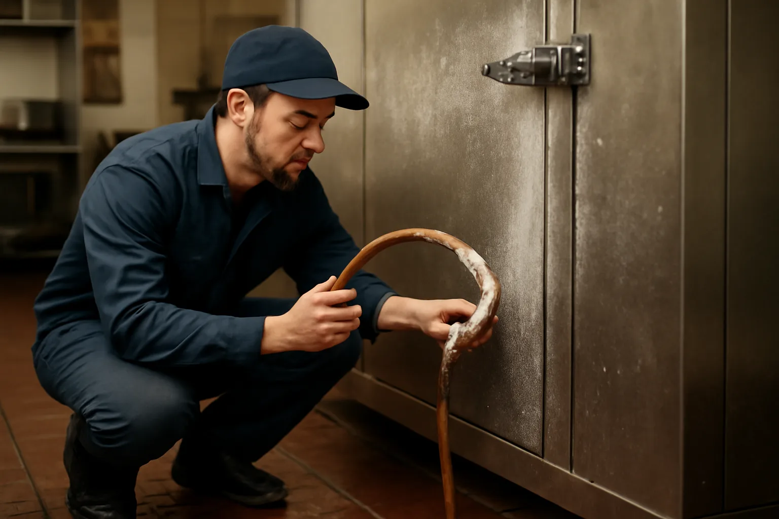 Technician inspecting a walk-in cooler in an Arkansas restaurant kitchen