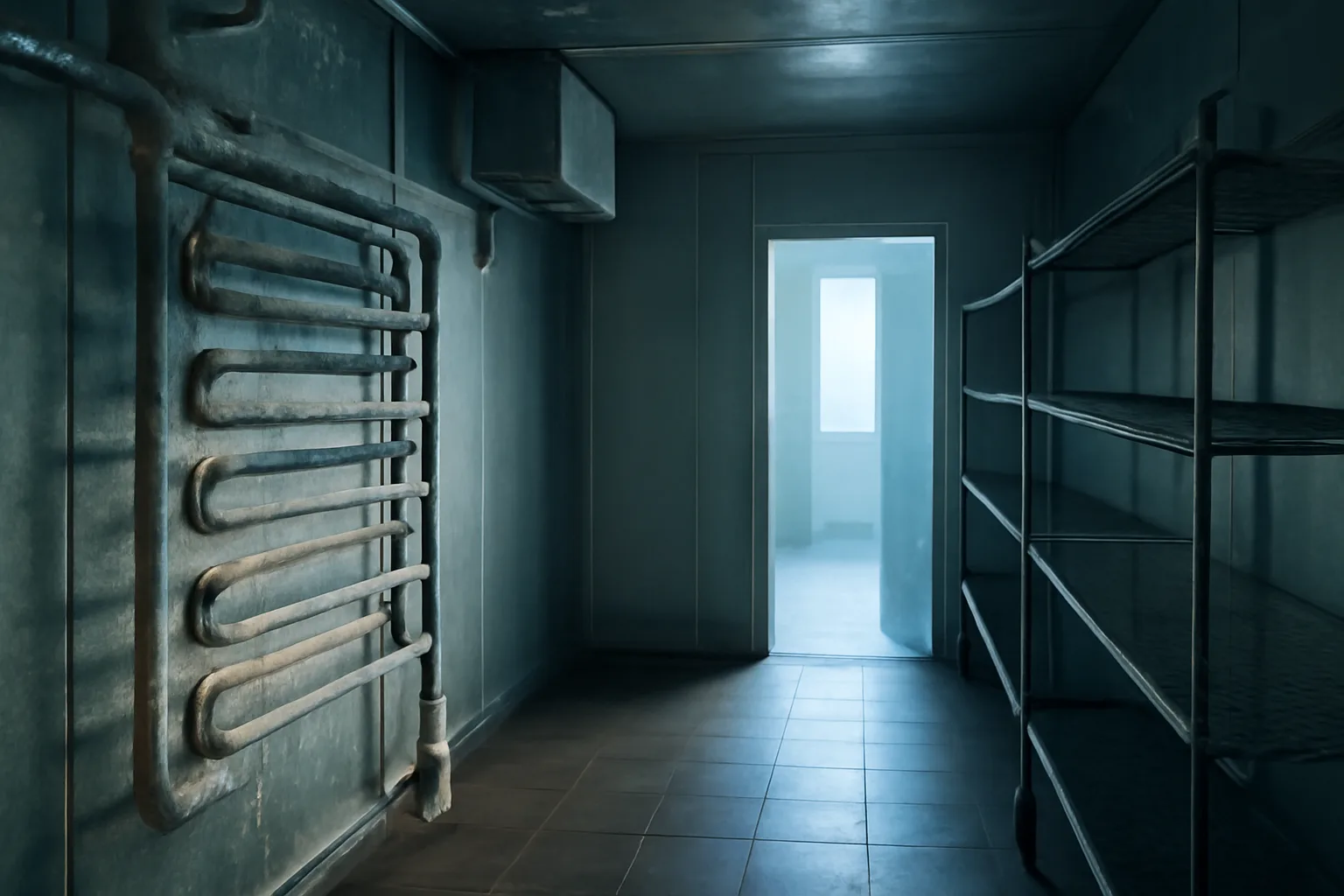 Frosted copper lines inside an empty California restaurant walk-in cooler