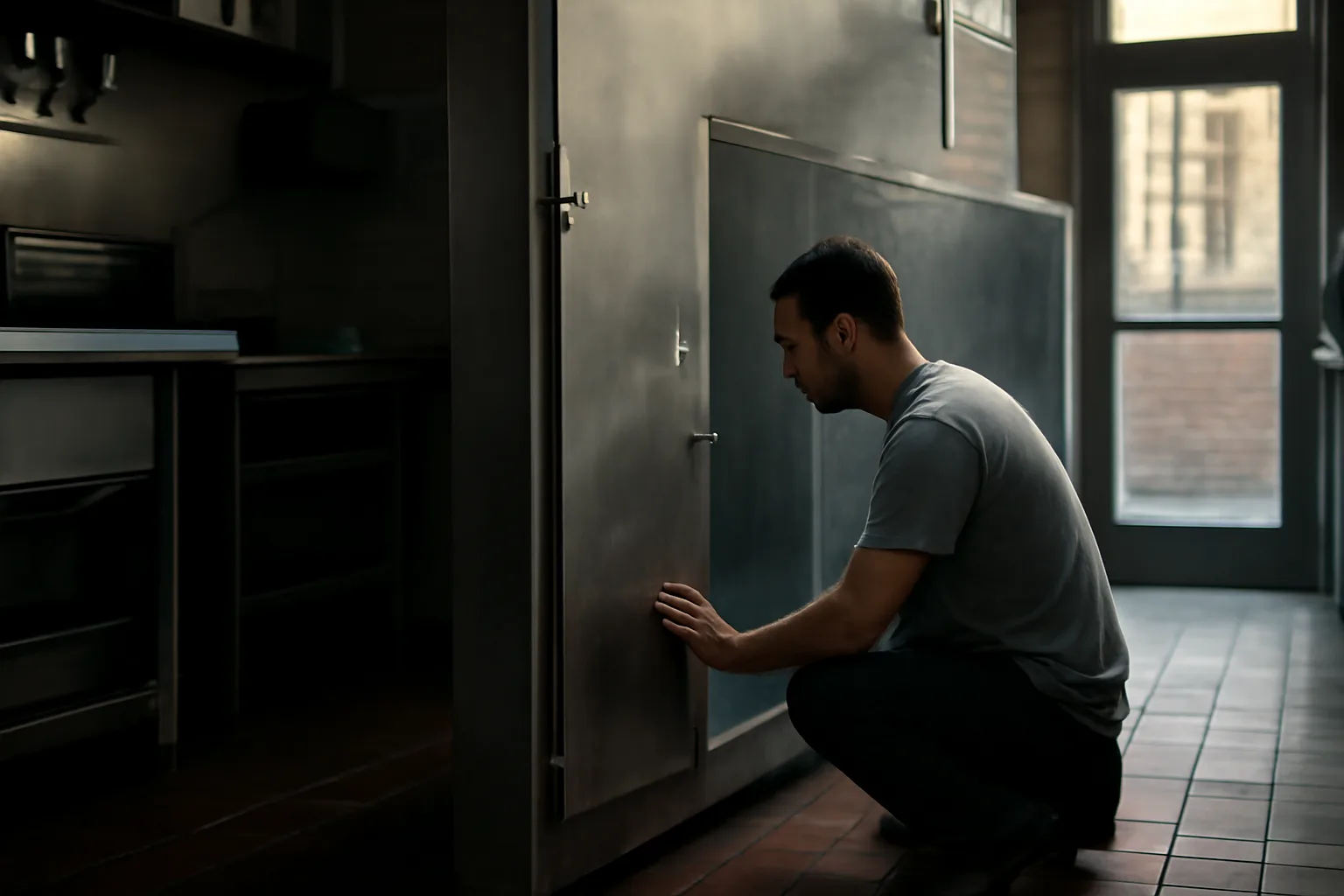 Technician checking an open walk-in cooler in a Colorado kitchen
