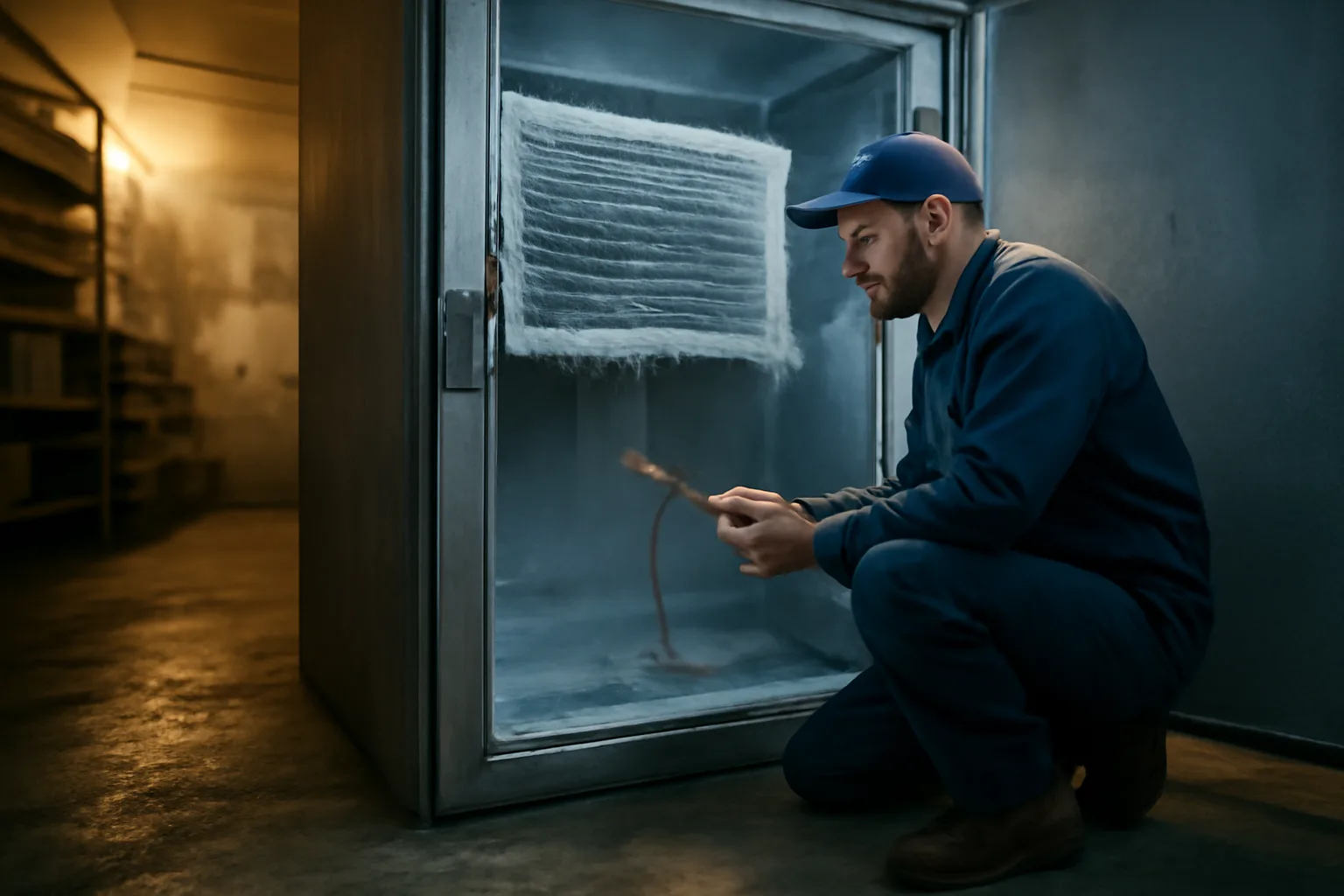 Technician checking a walk-in cooler coil in an Illinois grocery