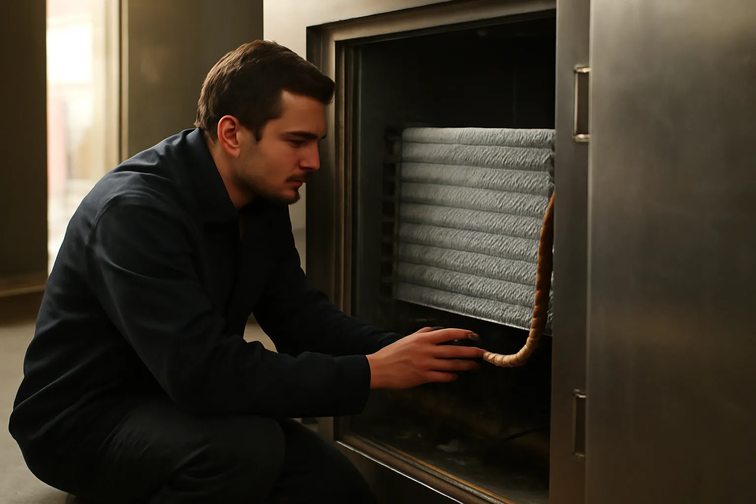 Technician kneeling beside a stainless walk-in cooler in a kitchen
