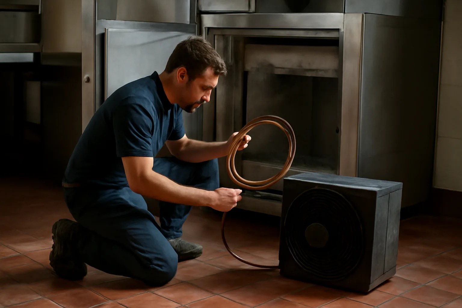 Technician kneeling beside an open Iowa restaurant walk-in cooler