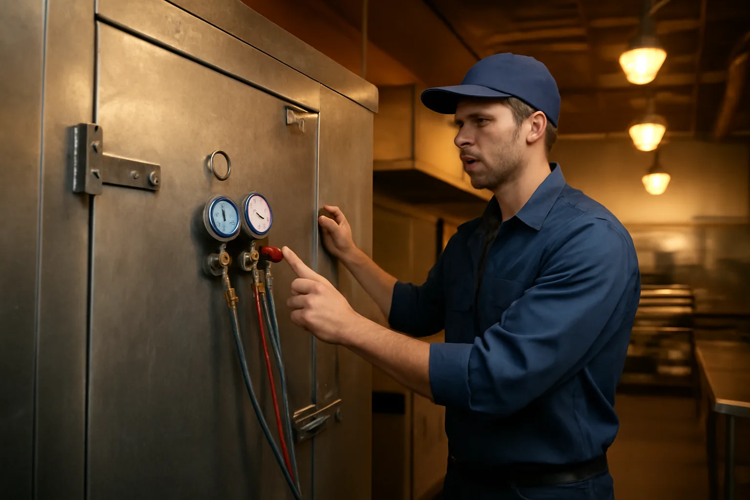 Technician inspecting refrigeration gauges on a walk-in cooler unit in Texas