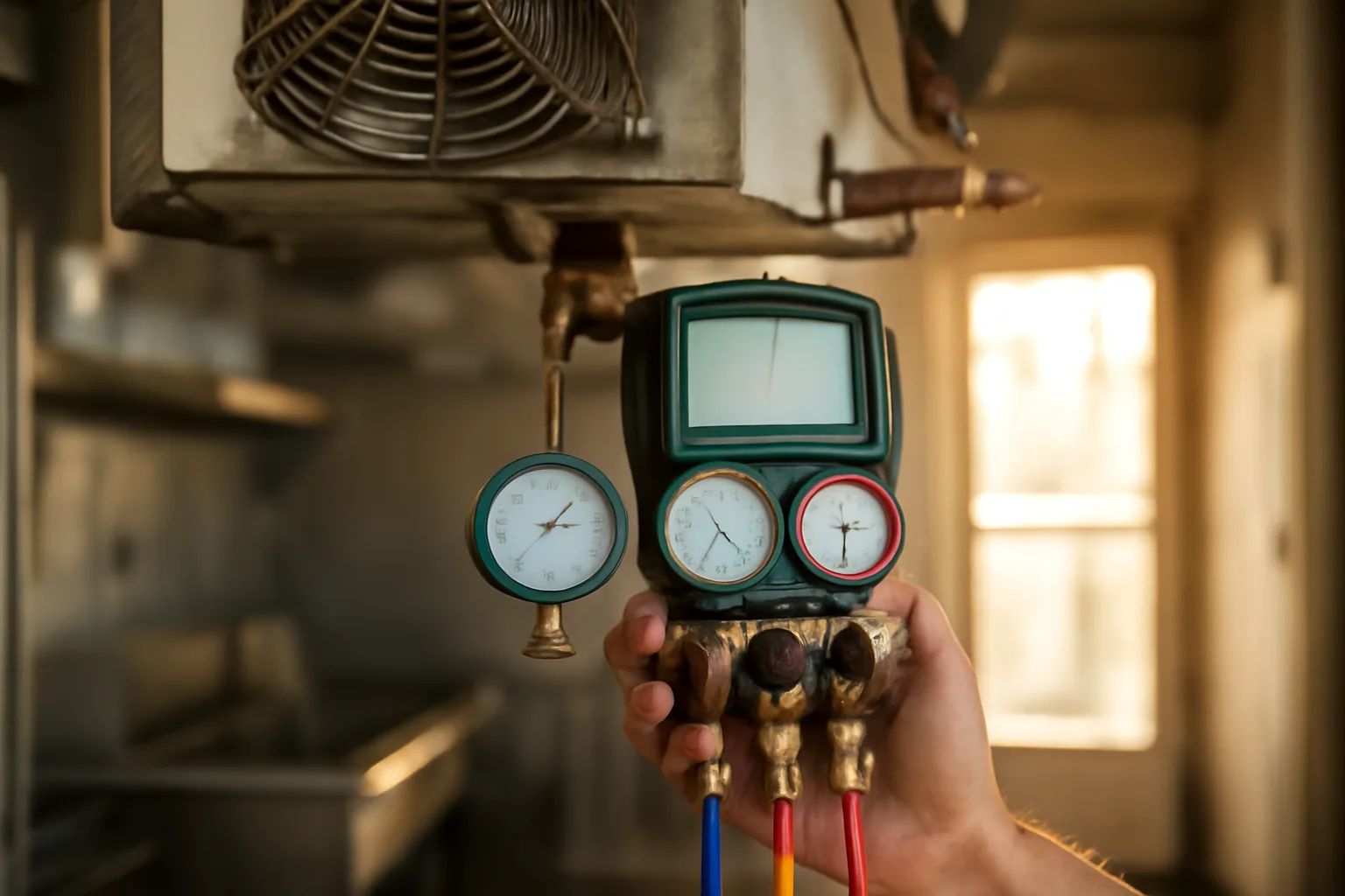 Closeup of digital manifold gauges connected to a walk-in cooler evaporator in an Alabama commercial kitchen