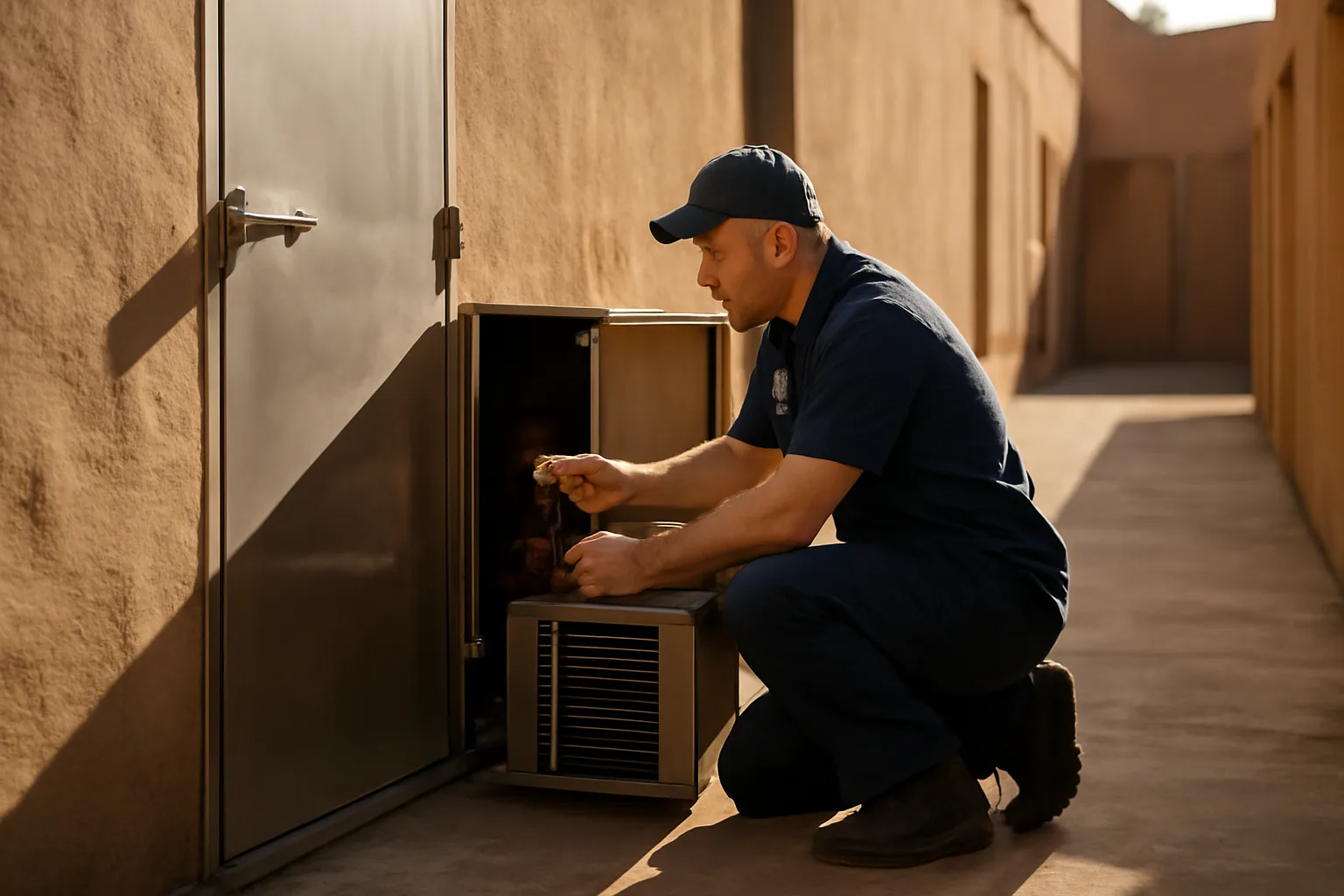 Walk-in cooler tech checks a condenser behind a Phoenix restaurant