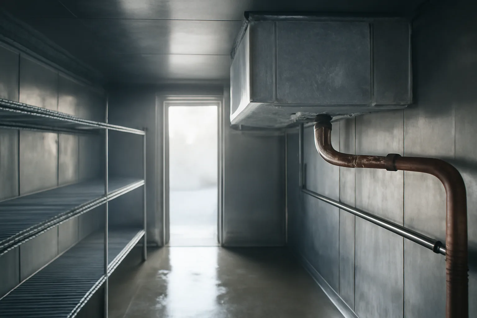 Frosted walk-in cooler coil and copper lines in an Arkansas kitchen