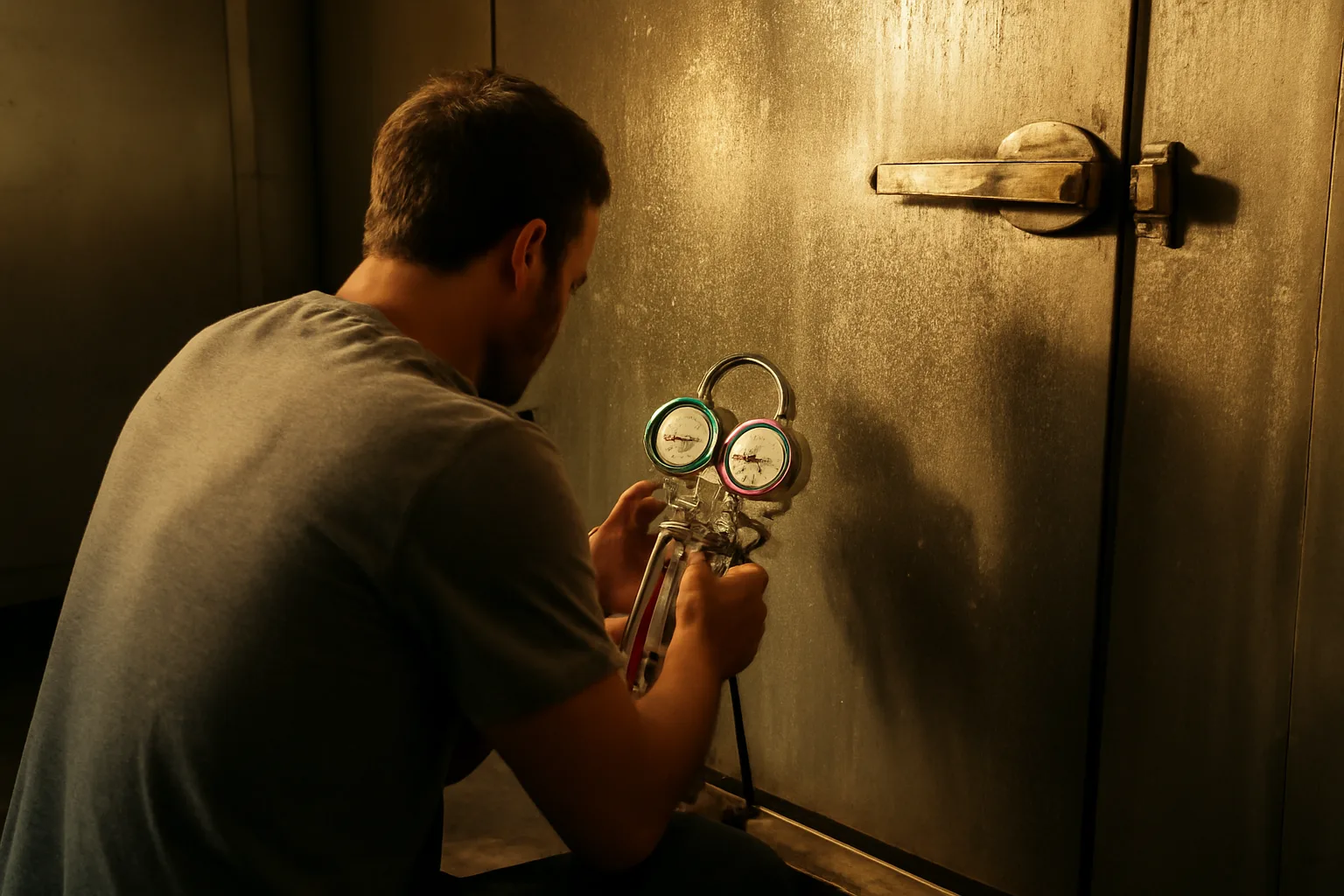 Technician servicing a stainless walk-in cooler in a California kitchen
