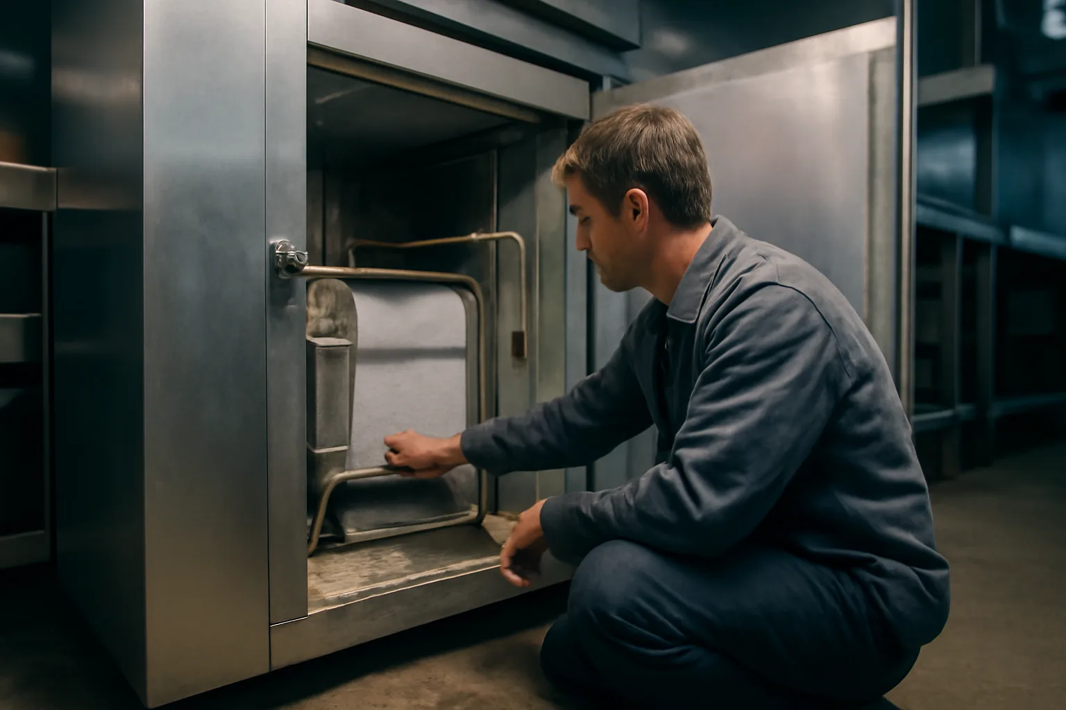 Technician kneeling by a frosted Colorado restaurant walk-in cooler