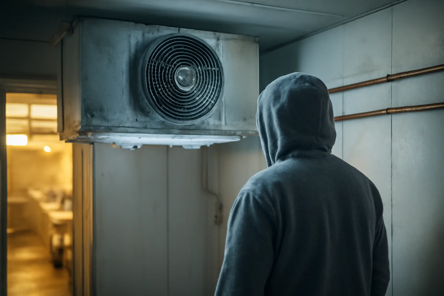 Technician checks a frosted walk-in cooler evaporator in Delaware