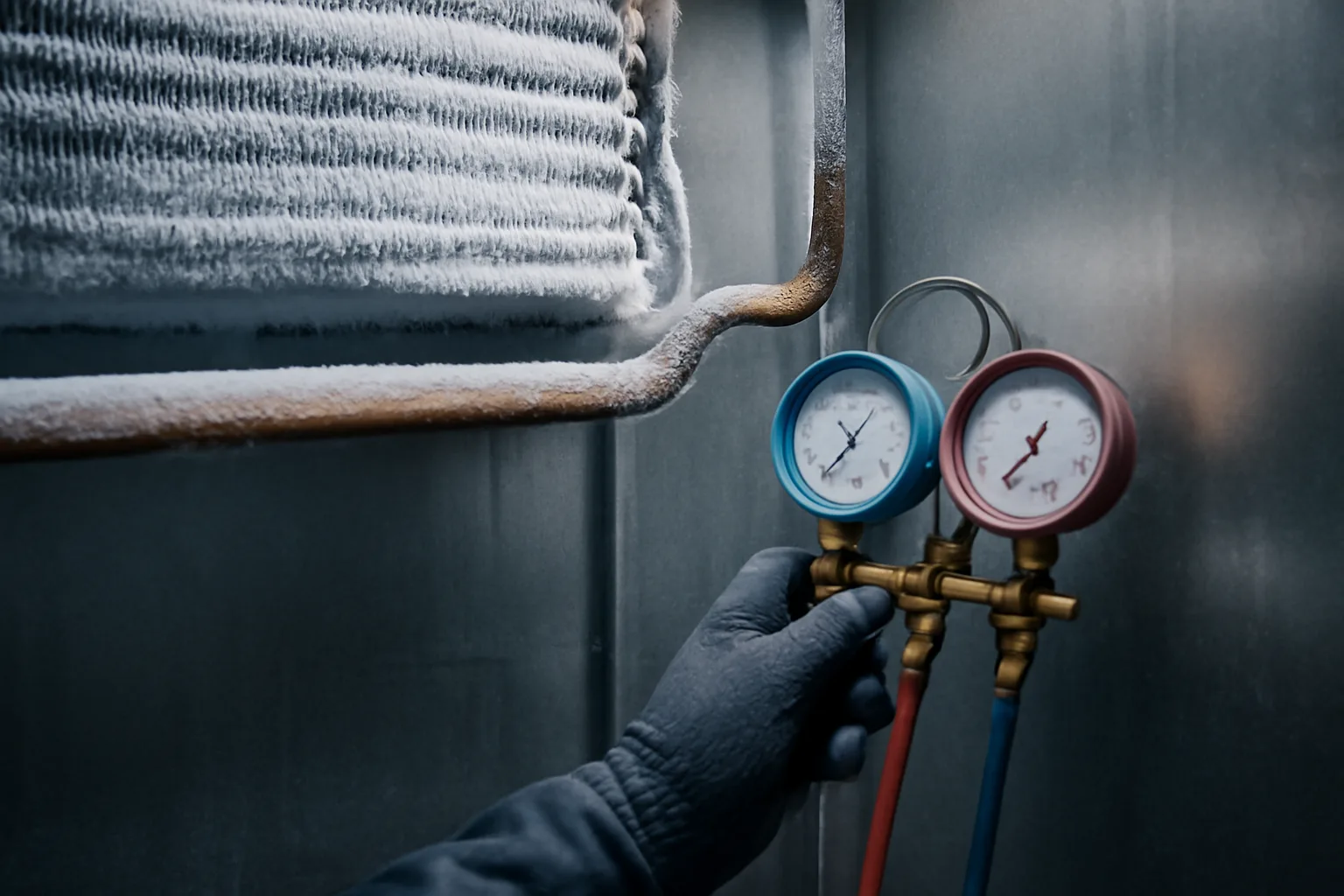 Gauges on a frosted walk-in cooler coil in a Chicago kitchen
