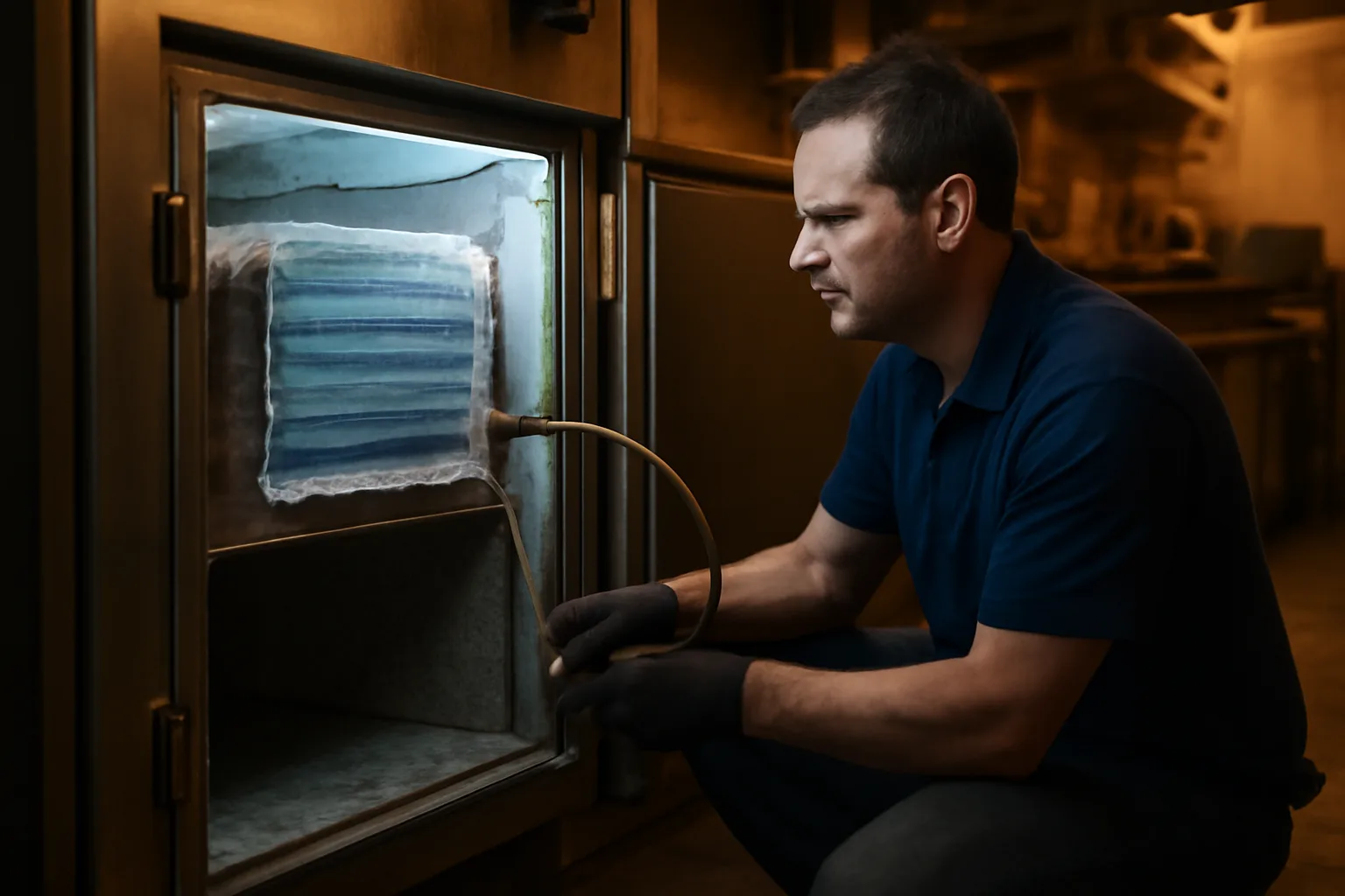 Technician working on a walk-in cooler evaporator in a kitchen