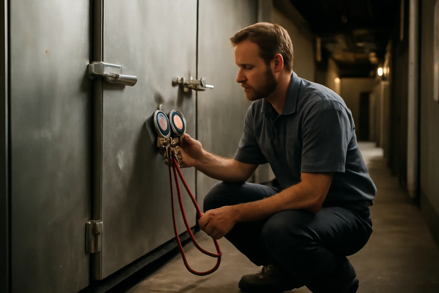 Walk-in cooler tech checking refrigerant gauges on a commercial cooler in Tennessee