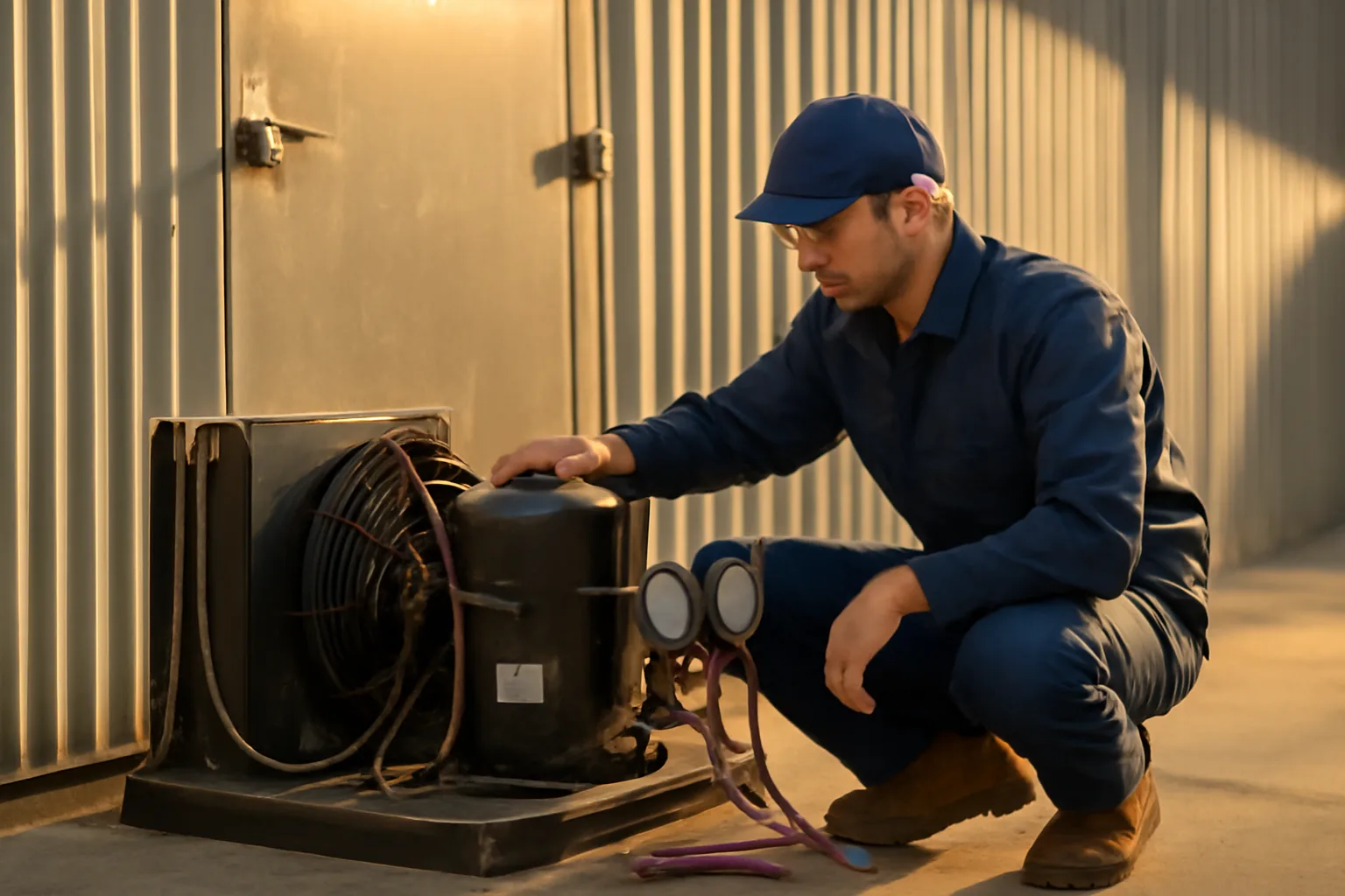 Refrigeration technician inspecting walk-in cooler compressor unit outdoors in Texas