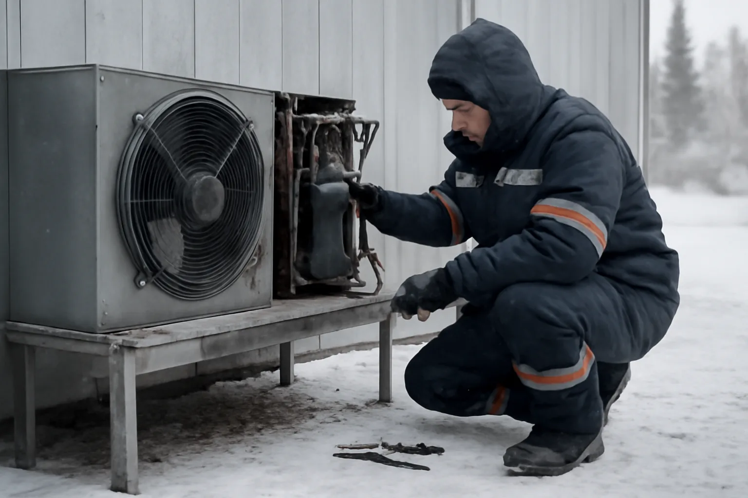 Technician servicing a walk-in cooler compressor in snowy Alaska