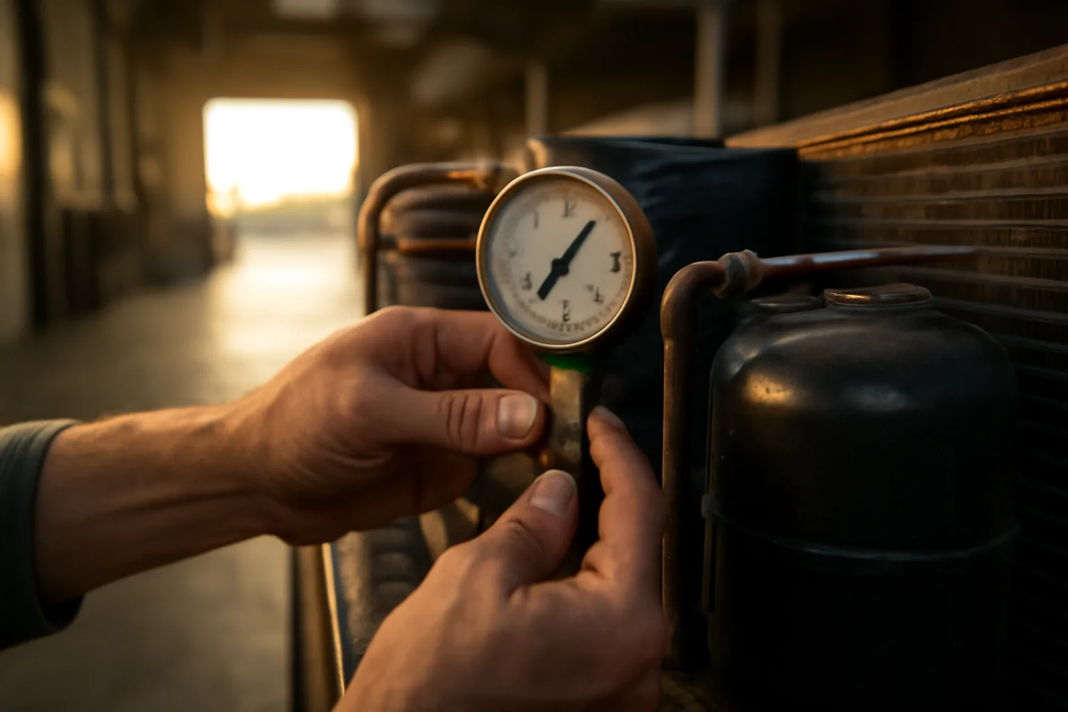 Technician servicing a walk-in cooler condenser in Arizona.