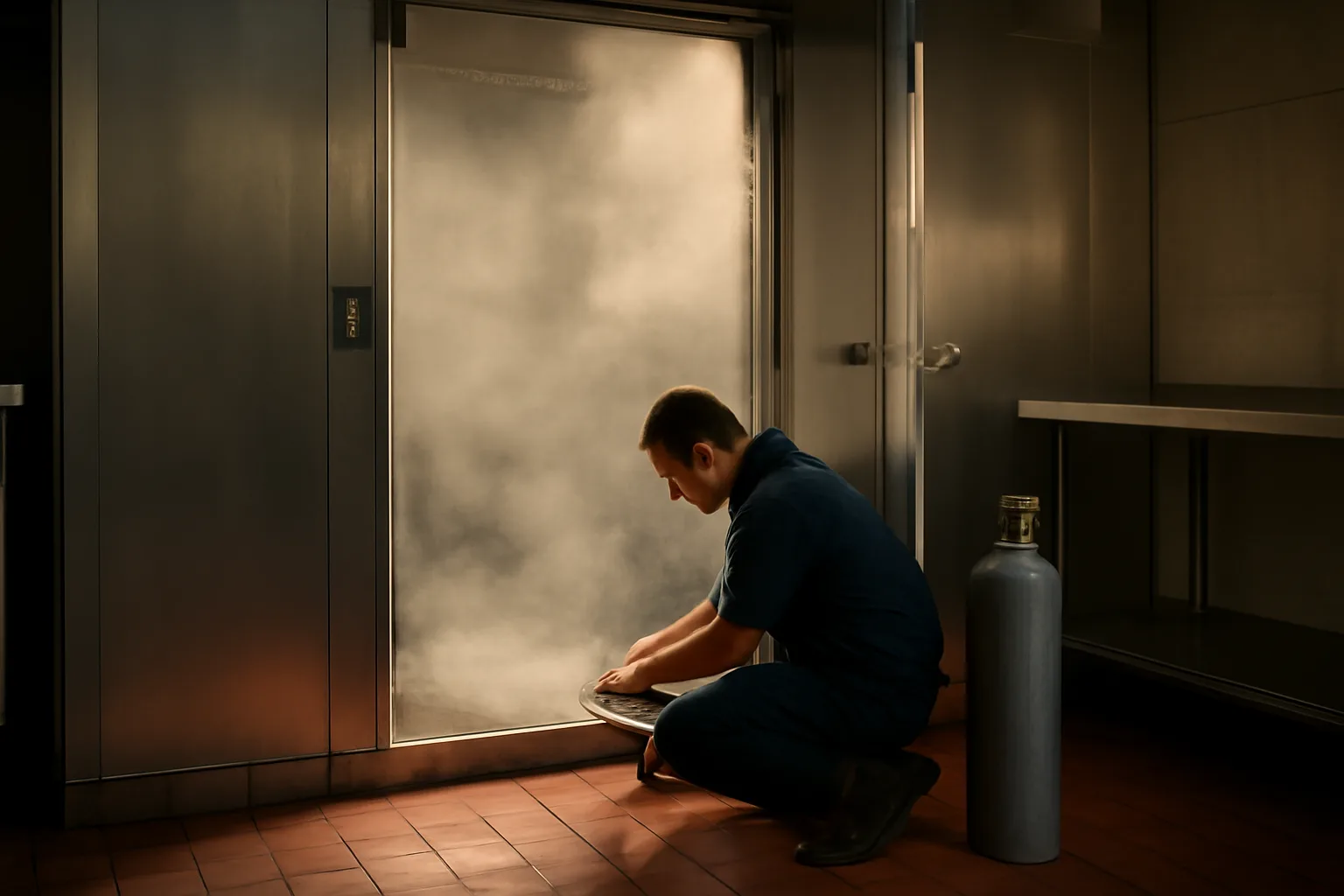 Technician kneeling by an open walk-in cooler in a restaurant kitchen