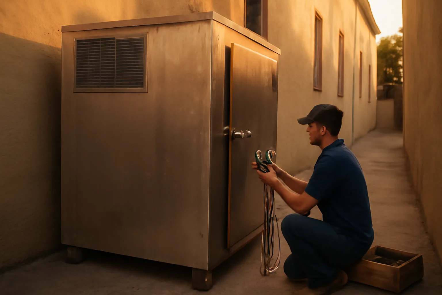 Technician kneeling by a walk-in cooler condenser behind a California restaurant