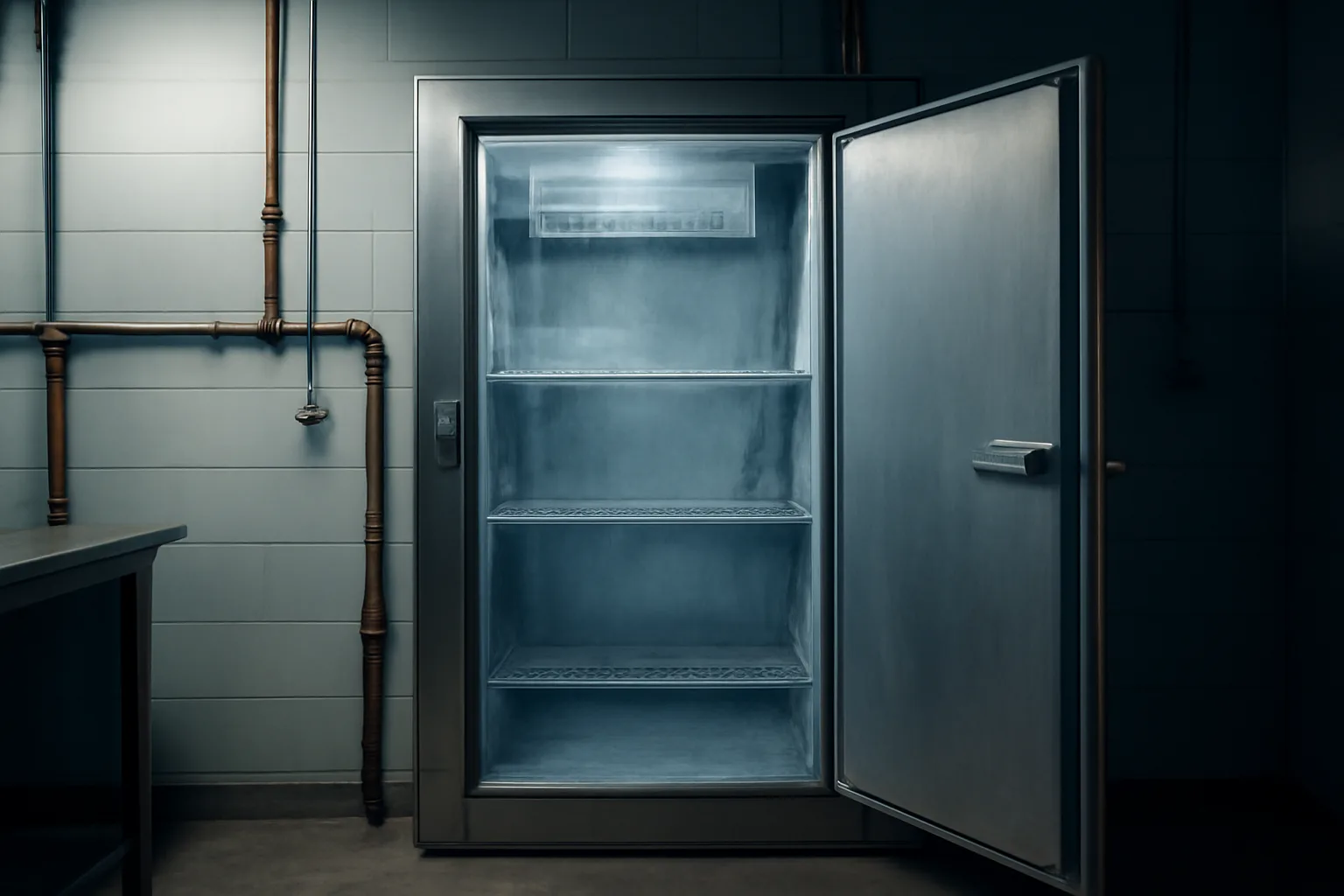 Open stainless walk-in cooler with copper lines in a Denver kitchen