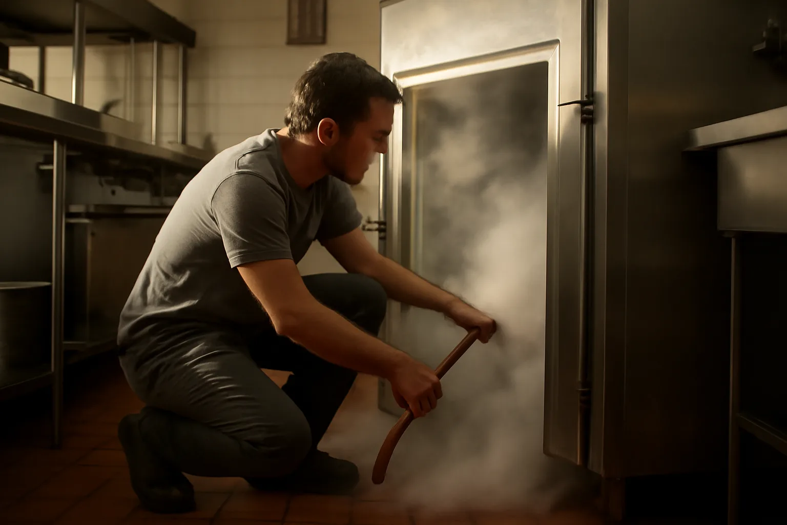 Technician servicing a stainless walk-in cooler in a Delaware kitchen