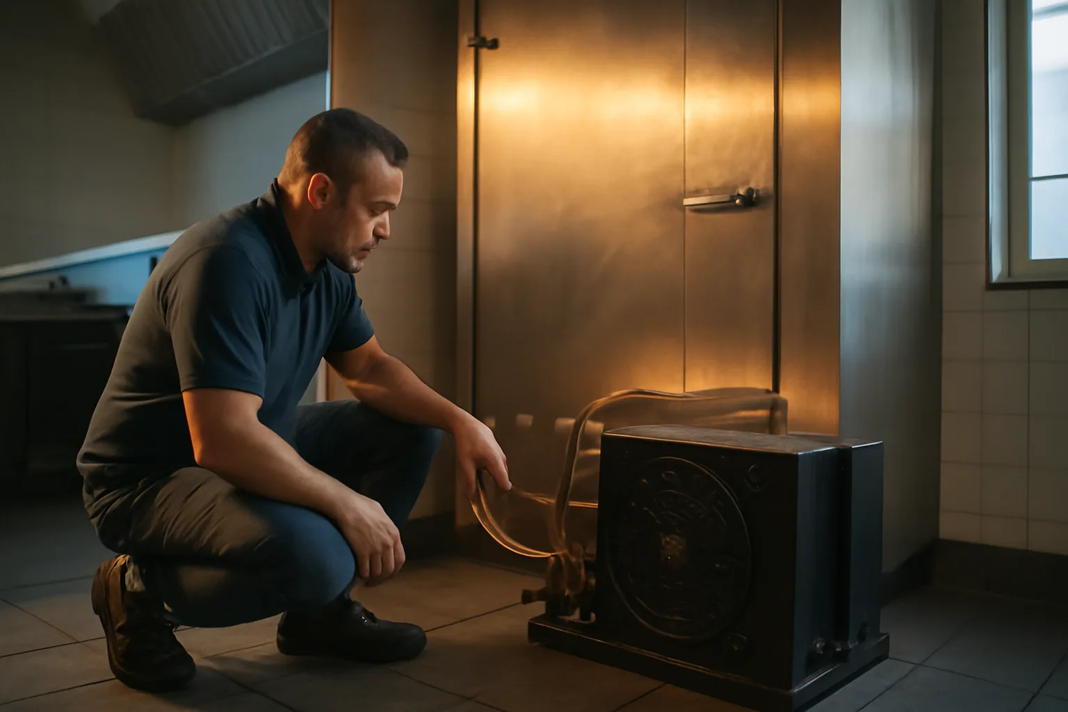 Technician kneeling by a stainless walk-in cooler in Indiana
