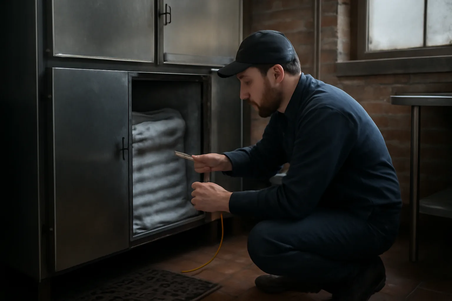 Technician servicing a walk-in cooler in an Iowa kitchen
