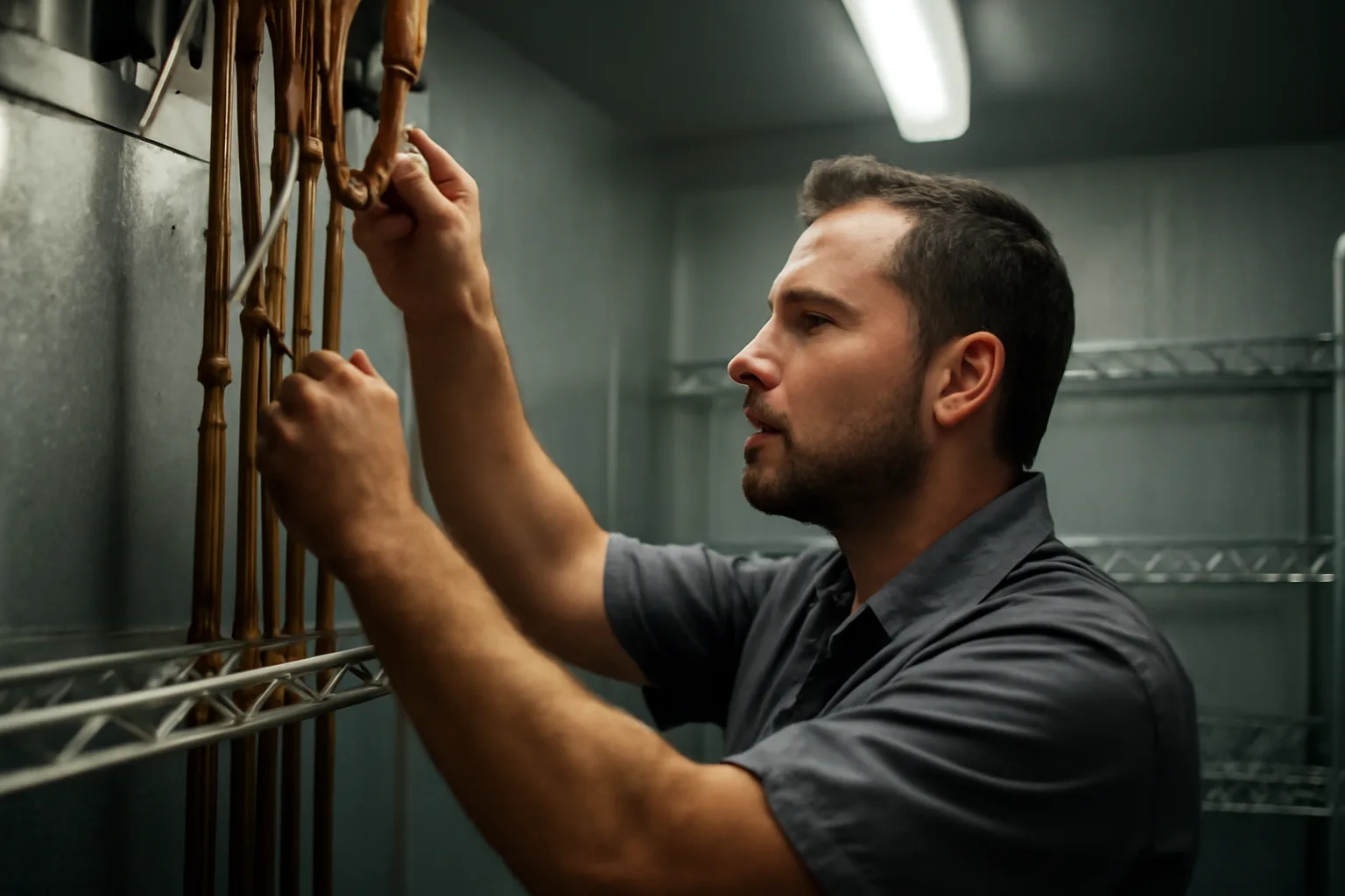 Technician working on refrigerant lines inside a Tennessee commercial walk-in cooler