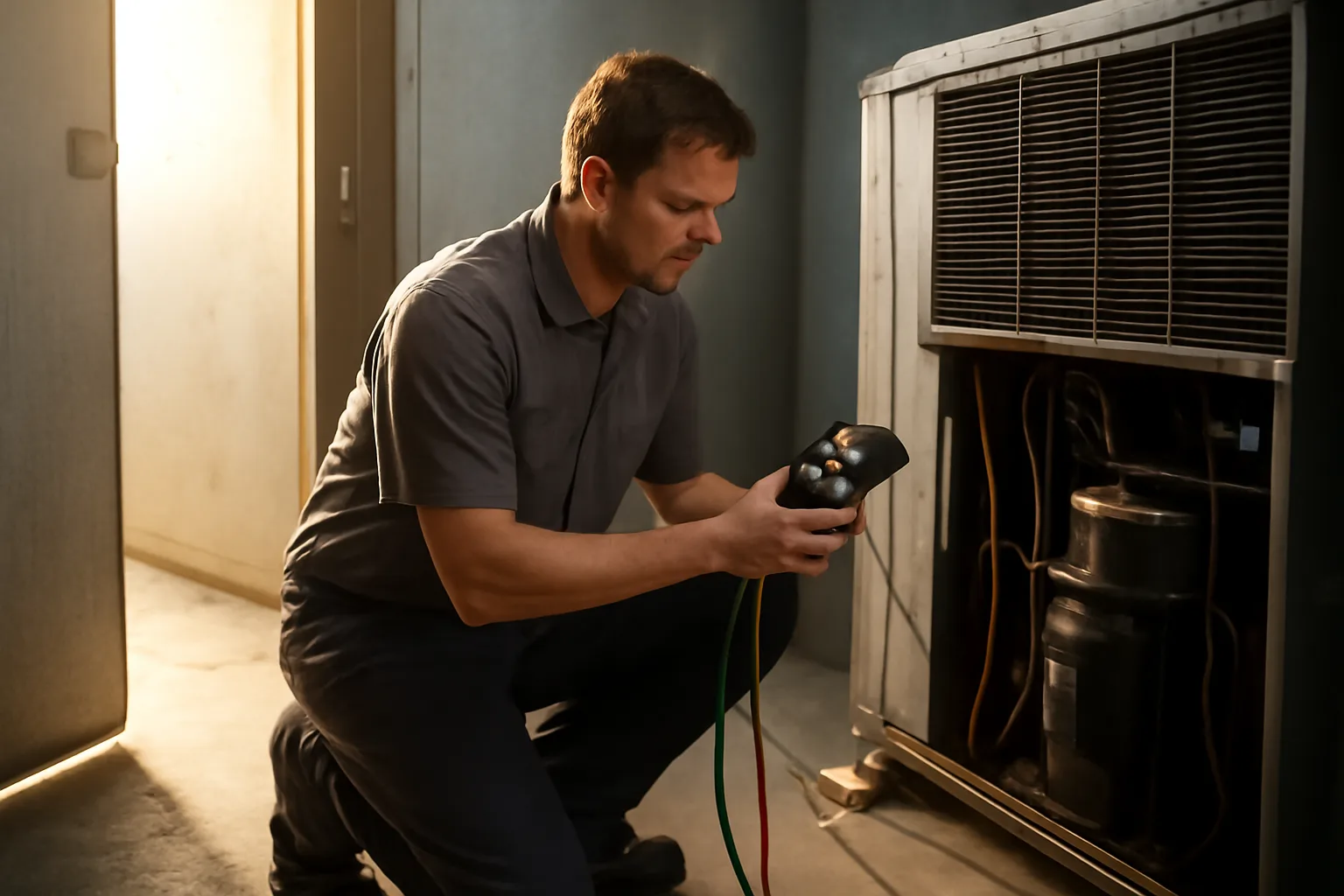 Technician checking refrigeration gauges inside a Texas commercial walk-in cooler