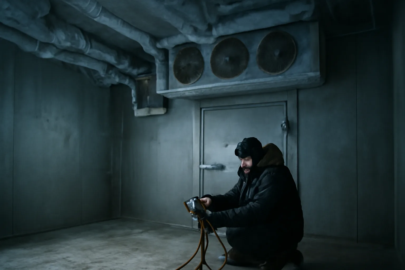 Technician in walk-in cooler cold storage adjusting refrigeration manifold in Alaska cannery