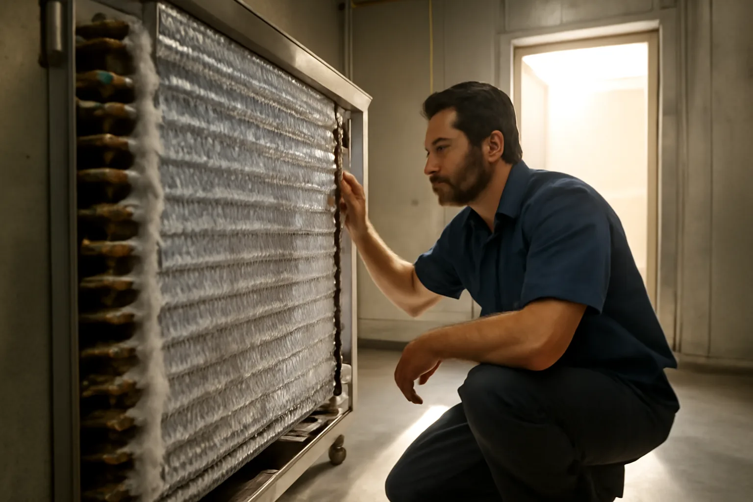 Technician inspecting a walk-in cooler evaporator in an Arizona kitchen