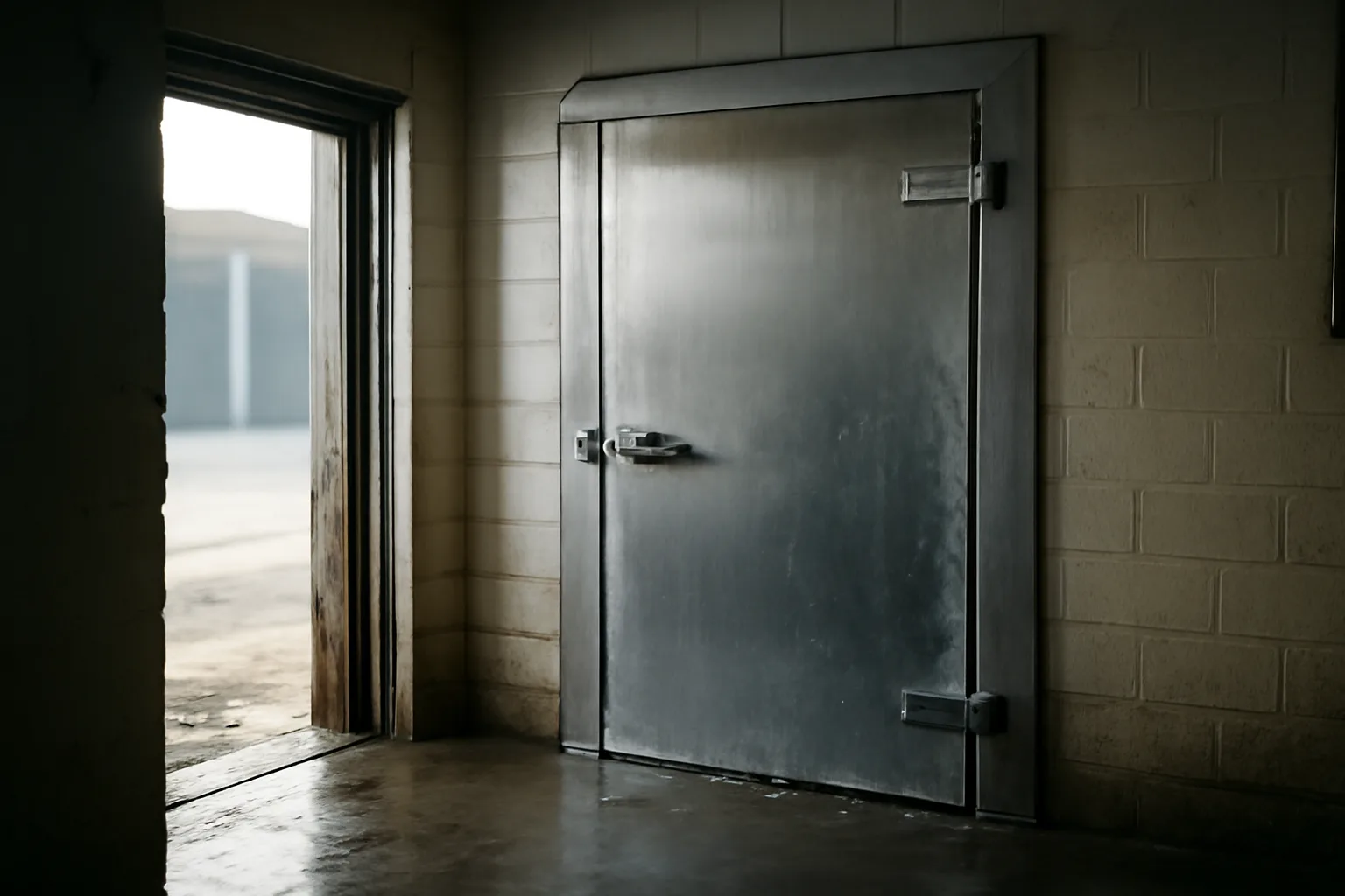 Unbranded walk-in cooler in an Arkansas restaurant service corridor