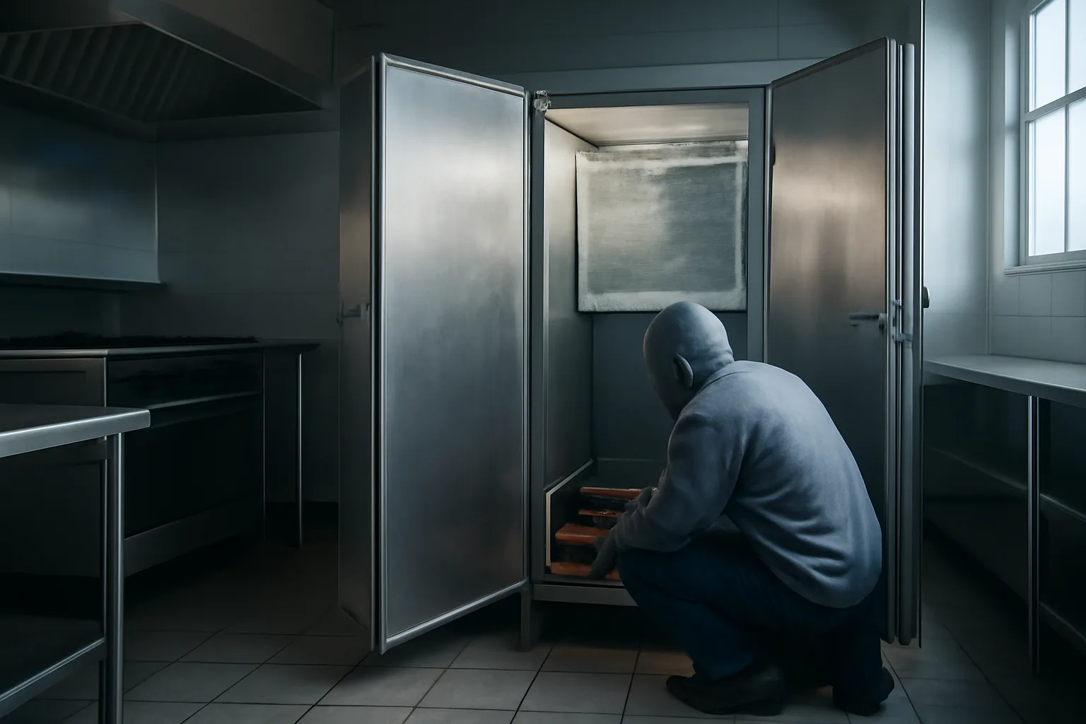 Technician kneeling by an open walk-in cooler in a restaurant kitchen