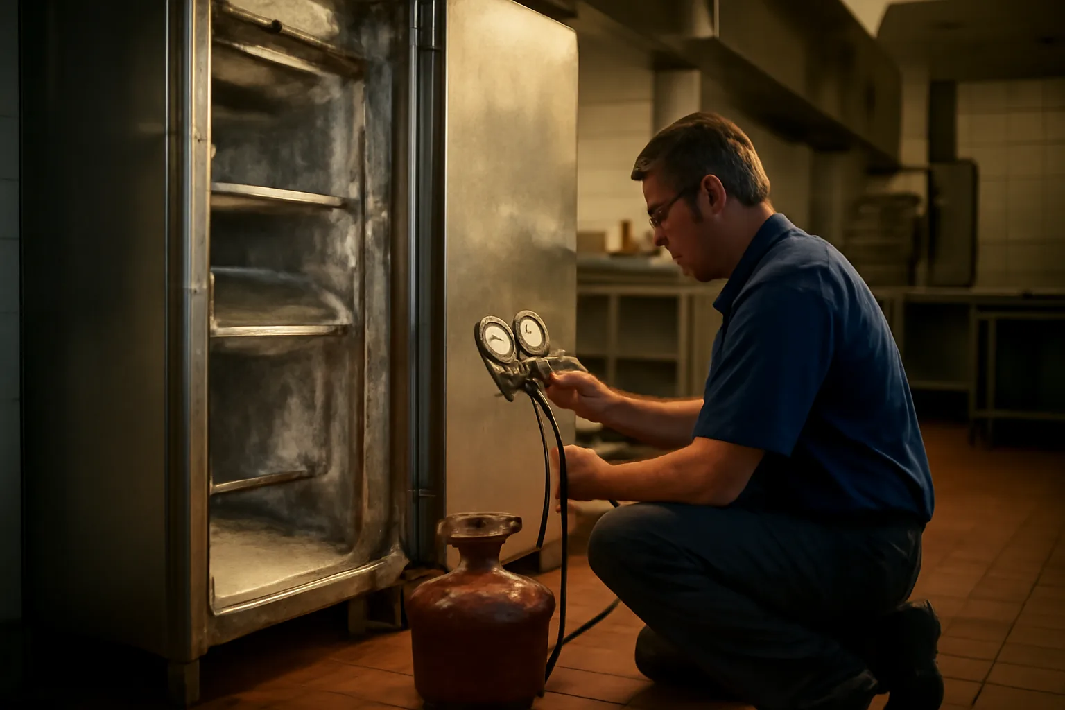 Technician servicing an open walk-in cooler in a Colorado kitchen