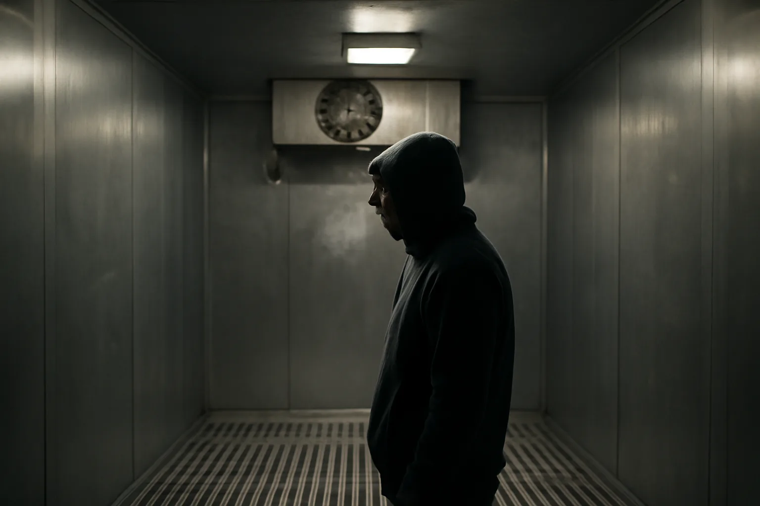 Technician inside an empty stainless walk-in cooler in Illinois